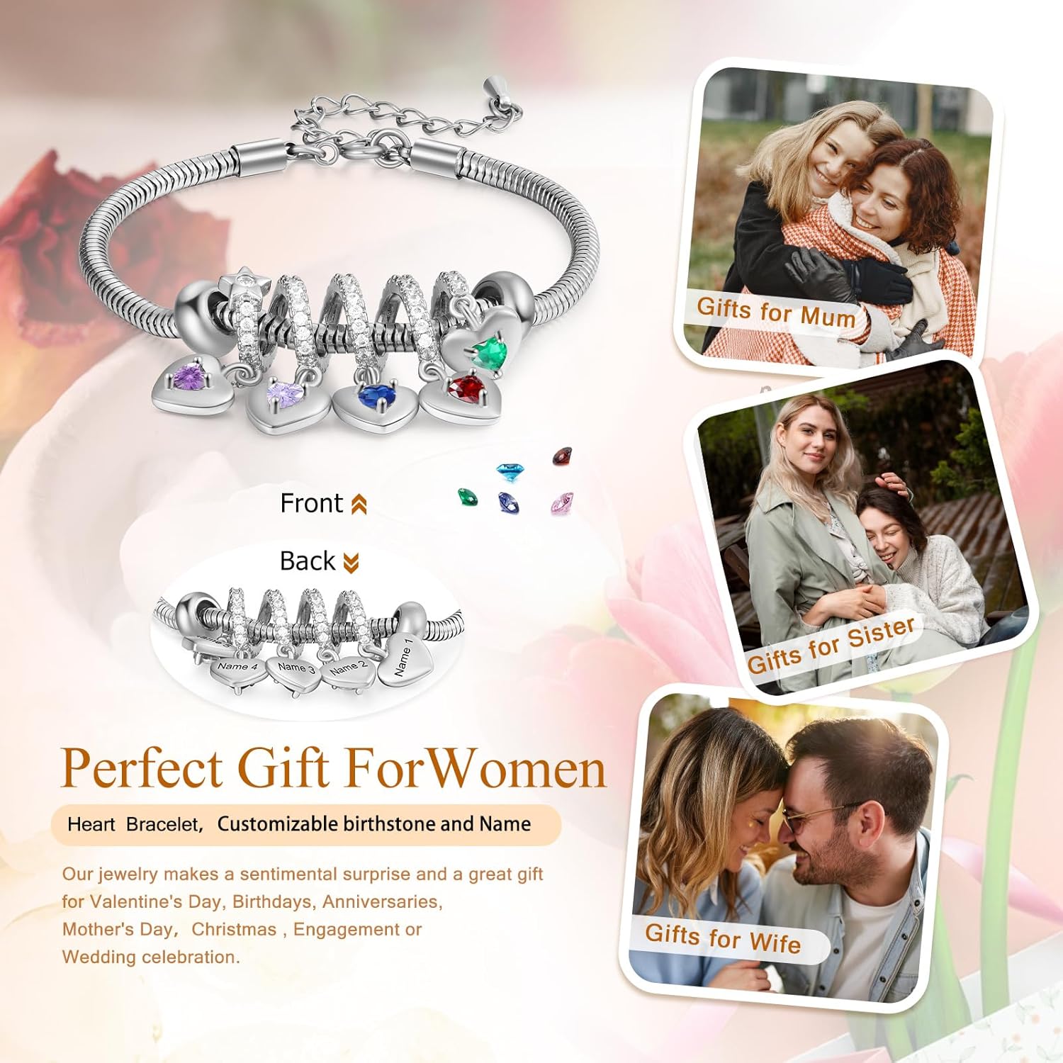Jeweidea Personalized Birthstone Bracelet with Heart Charms – Custom Name Engraved Jewelry Gift for Mom, Grandma, Wife