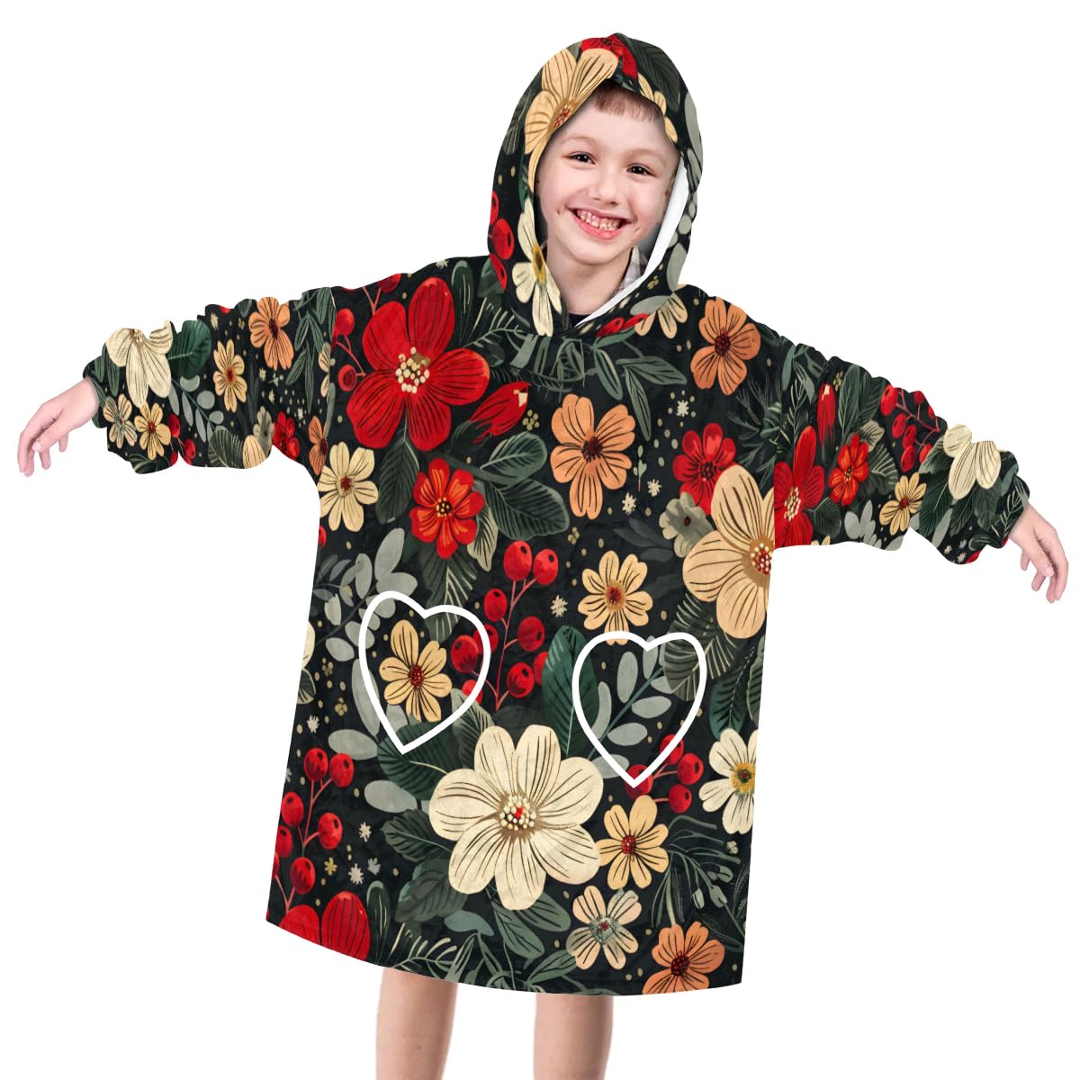 Pardick Wearable Blanket Hoodie for Kids, Watercolor Flower Fleece Sweatshirt Blanket Oversized Blanket Sweatshirt with Pocket Flannel Warm Hooded Blanket 6-10 Year Old Girl Boy Gift, One Size