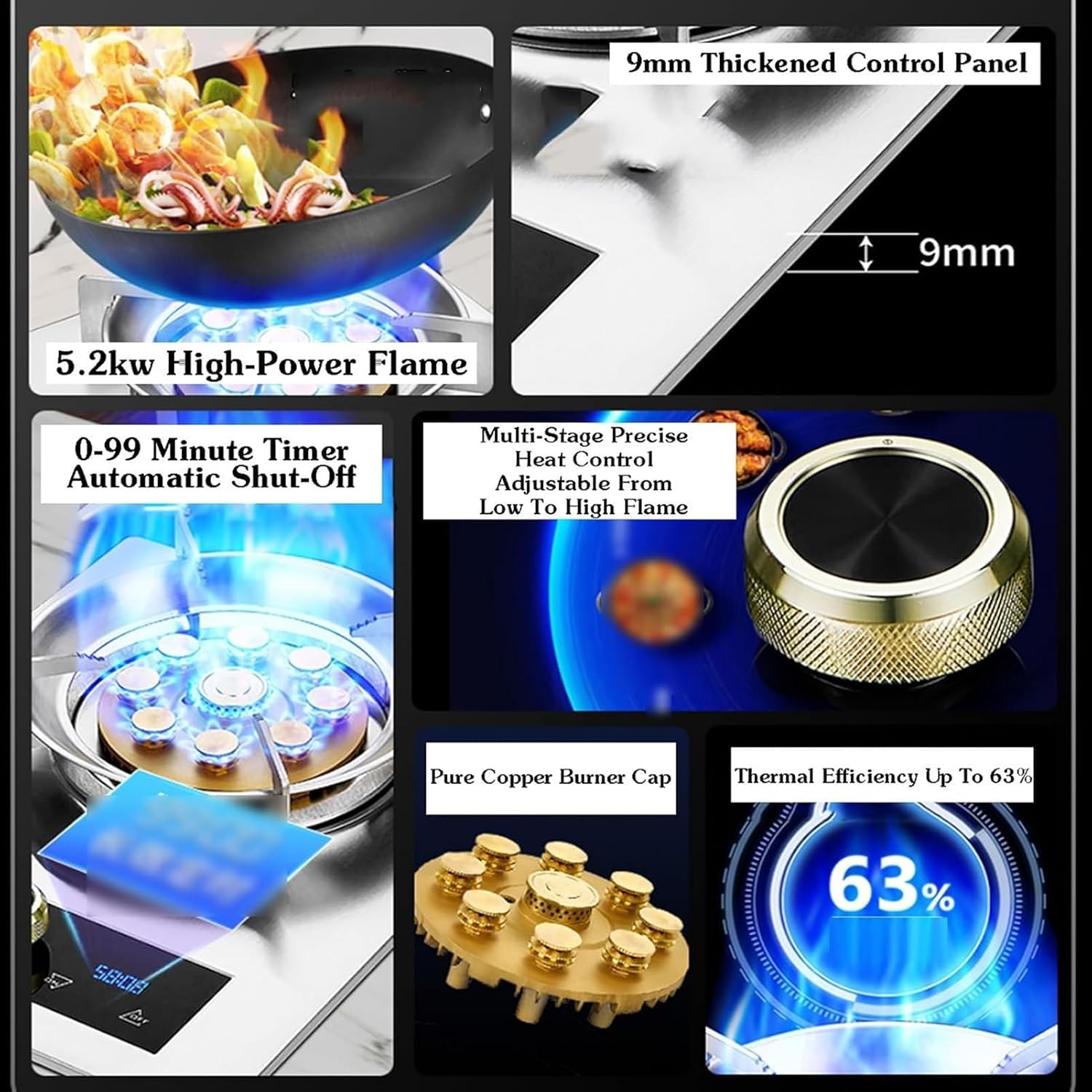 5.2kw Stainless Steel Gas Cooker, 9-cavity High-fire Timer Automatic Ignition, Tempered Glass Freestanding Cooktop, with Flameout Protection, for Home Kitchen(NG)(LPG)