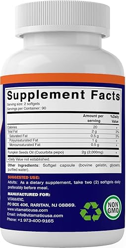 Miniatura 7 de Vitamatic Paquete de 2 cápsulas blandas de aceite de semilla de calabaza de 2000 mg por porción, total de 360 cápsulas blandas, 1000 mg por gel