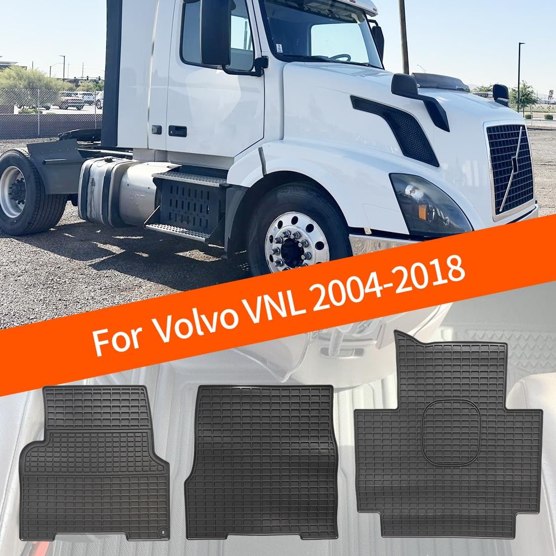 FV 3 Pieces Cargo Liners Replacement for Volvo VNL&VT Floor mats Accessories (2004-2018) All-Weather Non-Slip Black Rubber Semi Truck Floor mats (F01114)