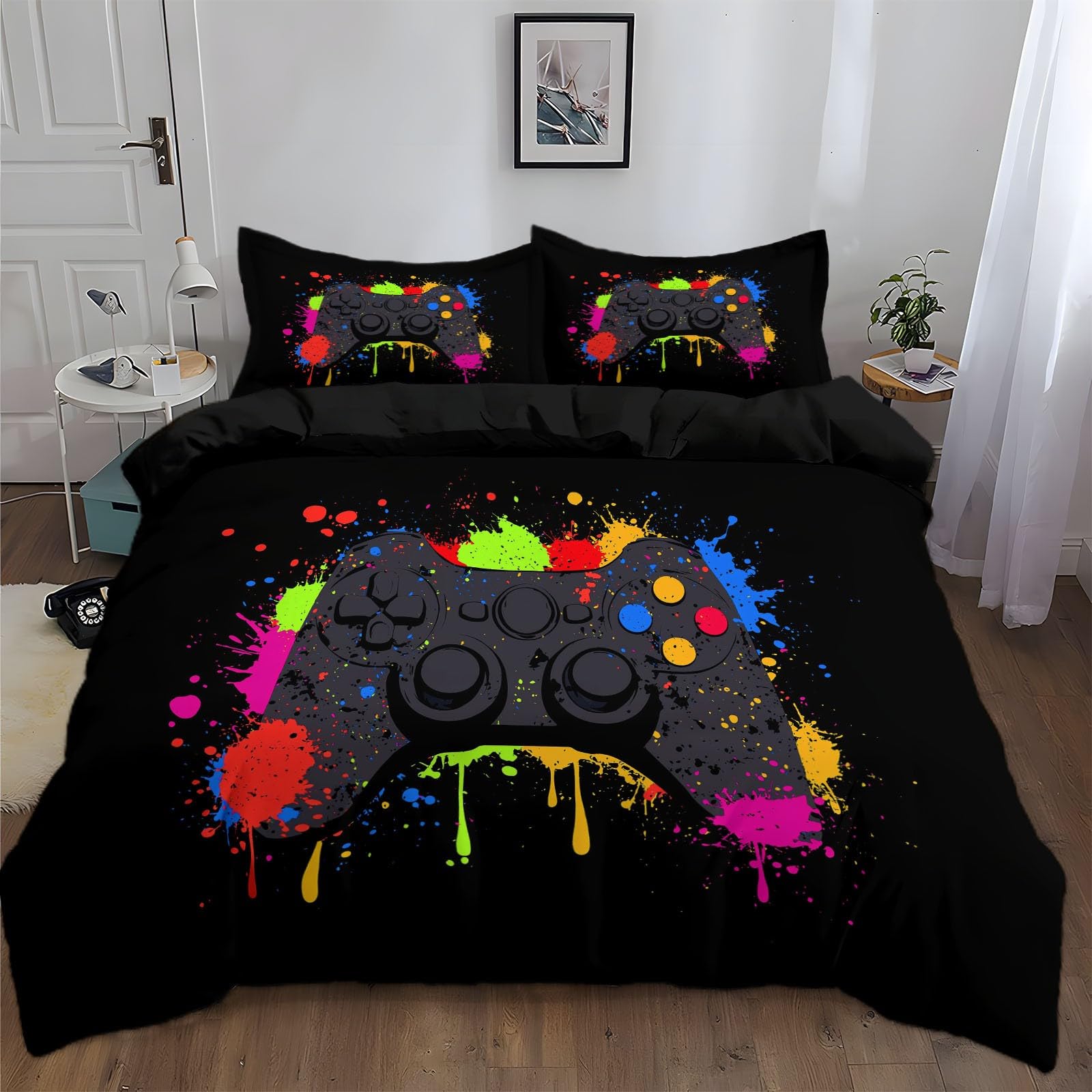 Funda Nórdica Microfibra Cremallera Diseño Suave Juego de Funda Nórdica con Funda de Almohad para Adulto Niños Adolescentes - Cama 135/150-220 x 240 cm Mando de Juego Dibujos Animados Negro