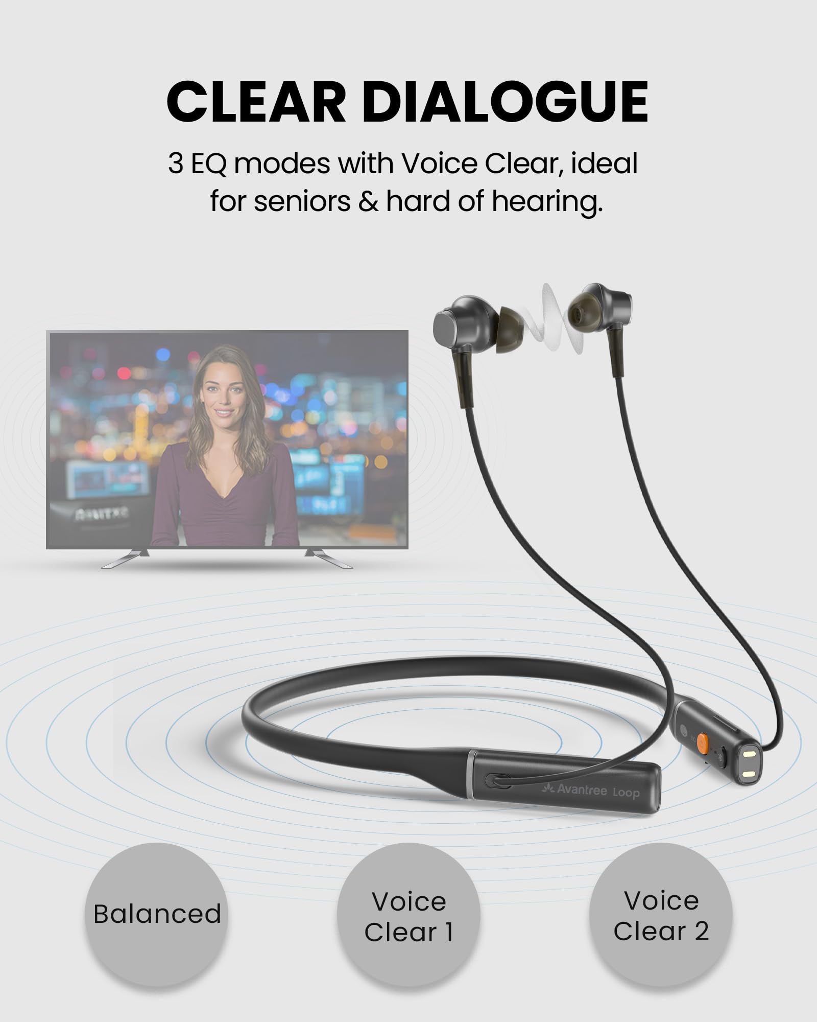 Avantree Loop – Słuchawki Bluetooth z pałąkiem na szyję i technologią Auracast, niskie opóźnienie, 3 tryby EQ z wyraźną mową, słuchawki dokanałowe, wygodne do TV, telewizora, PC