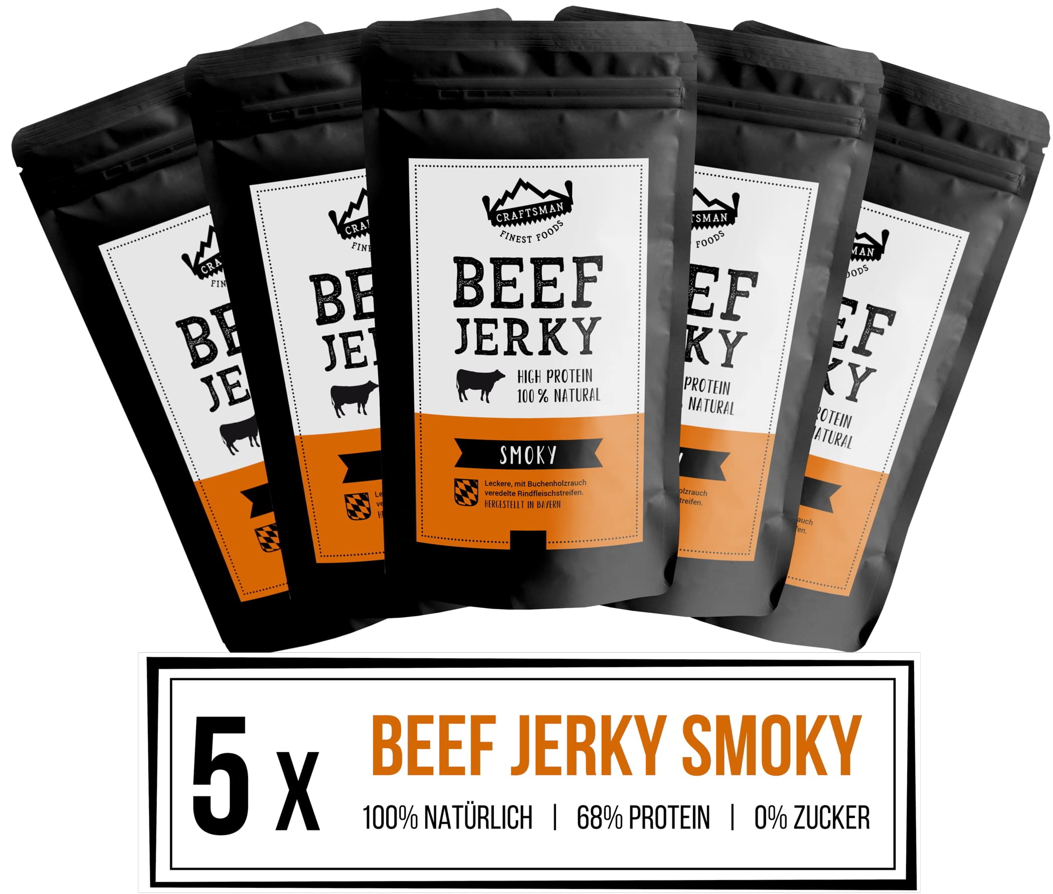 Craftsman Beef Jerky Smoky | Aus Deutschland - Bayern | Set 5 x 100g = 500g | 100% natürlich ohne Zucker | 100% Rindfleisch | High Protein 68% | Trockenfleisch Pfeffer, Smoky, Scharf