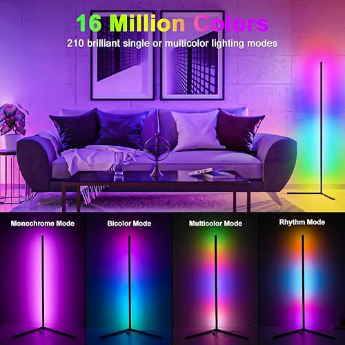 Miniatura 5 de Lámpara de pie de esquina – Lámpara de iluminación RGB que cambia de color – 56.7 pulgadas regulable música y sincronización de voz Bluetooth App y