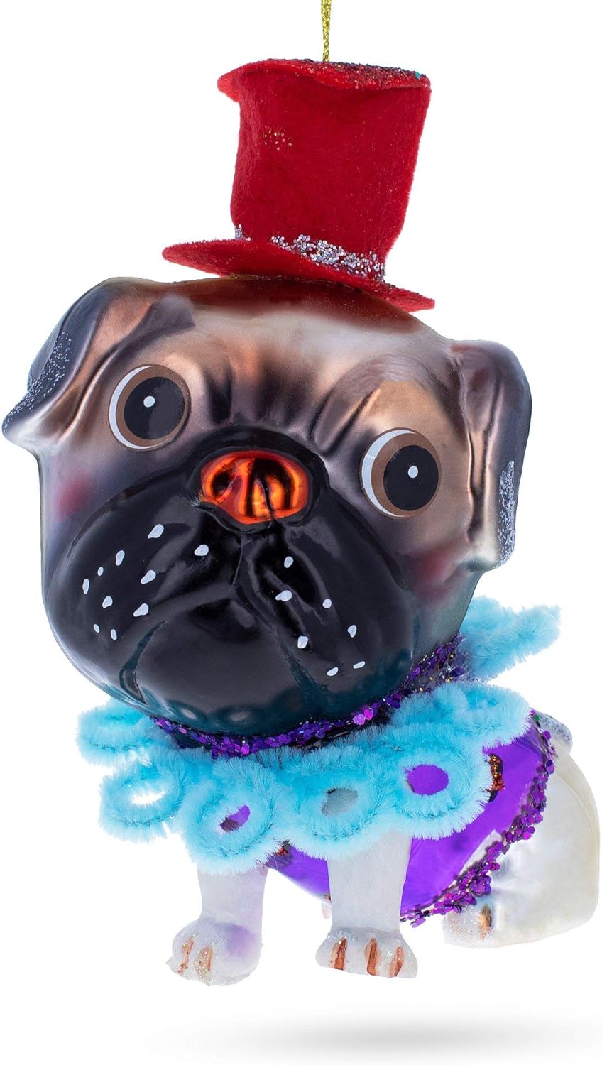 Pug in a Festive Red Hat Glass Christmas Ornament