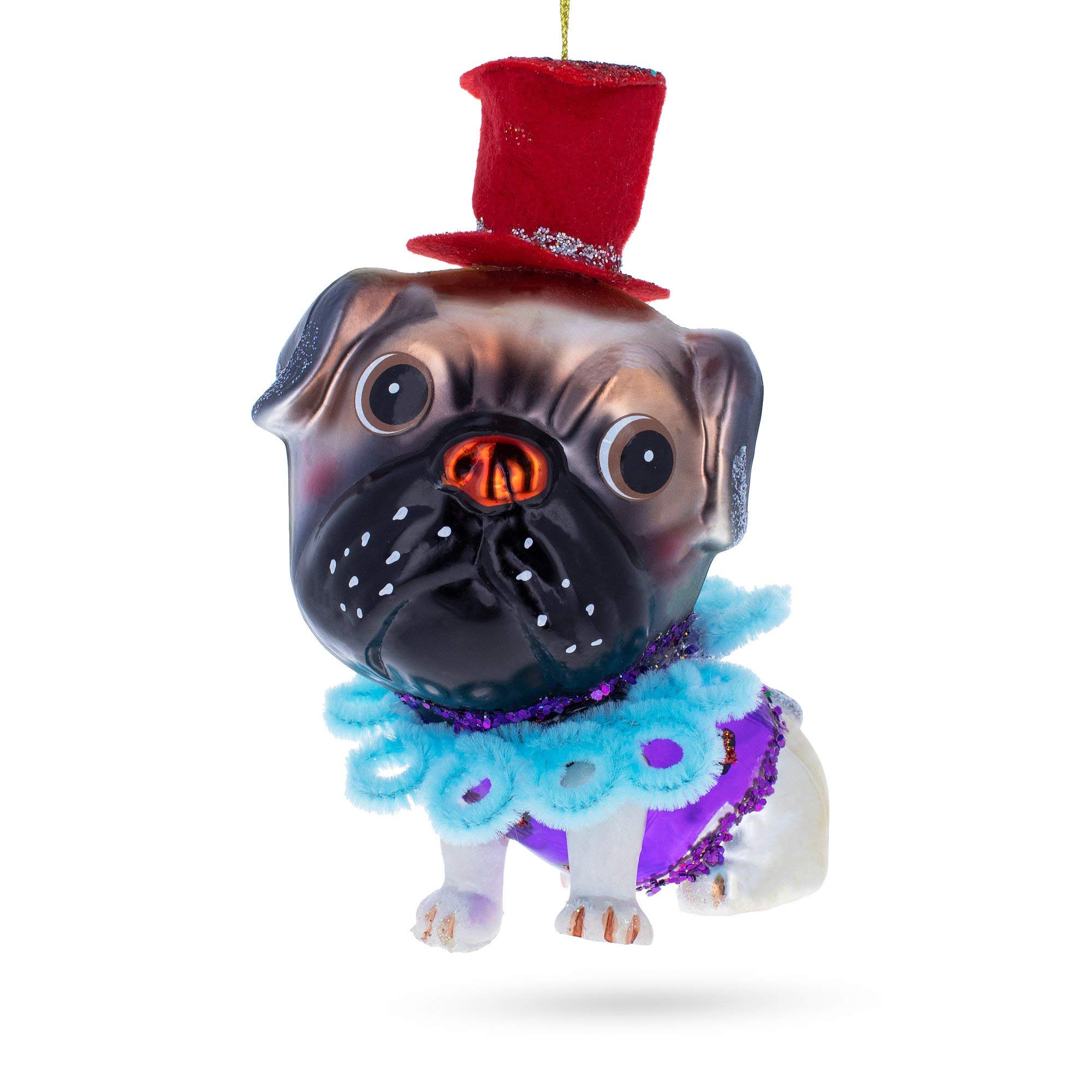 Charming Pug in a Festive Red Hat - Blown Glass Christmas Ornament