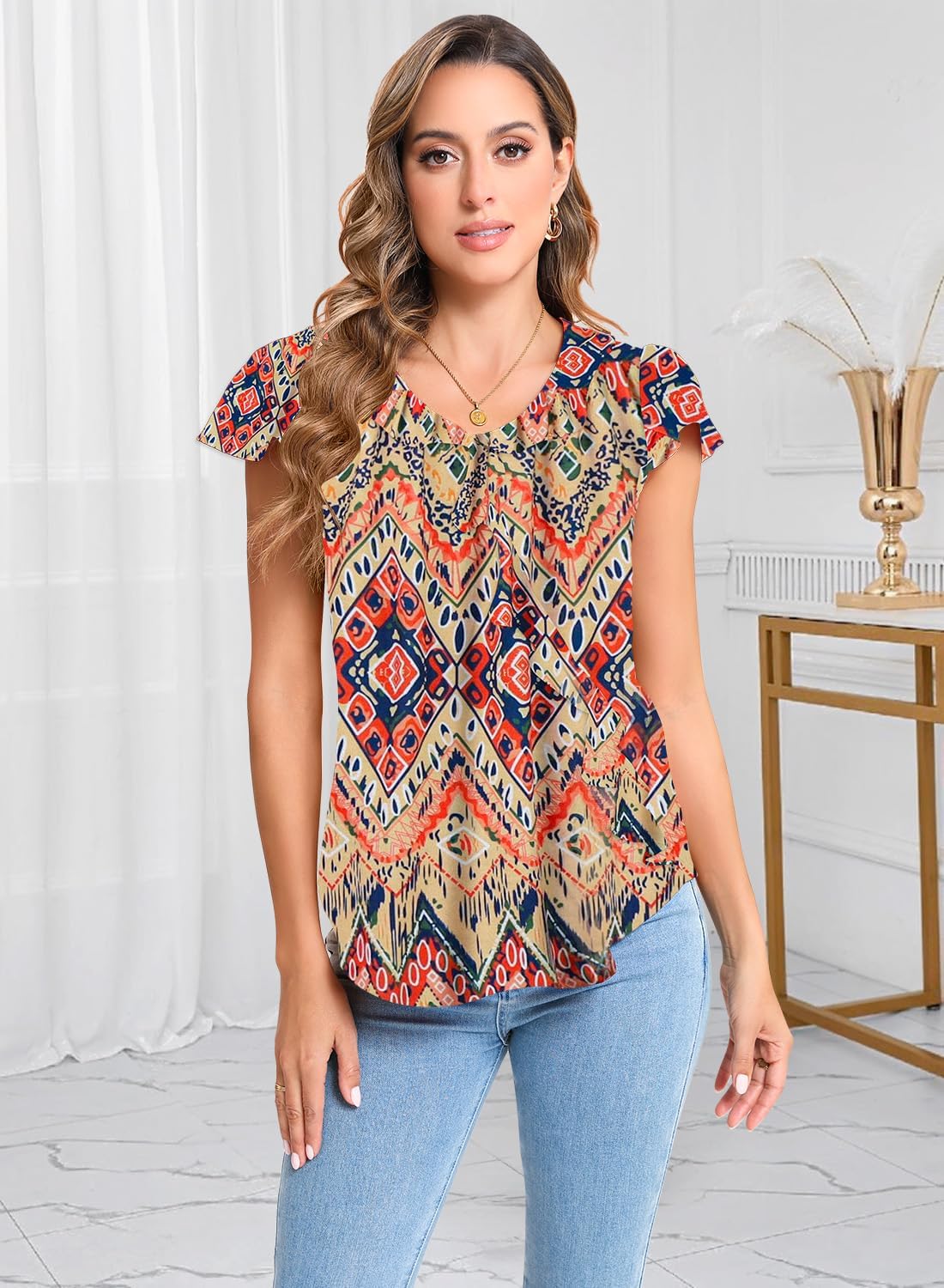 Womens Summer Tops Blouses Ruffle Crew Neck Short Sleeve Chiffon Dressy Casual Work 2025 Trendy Shirts - Image 2