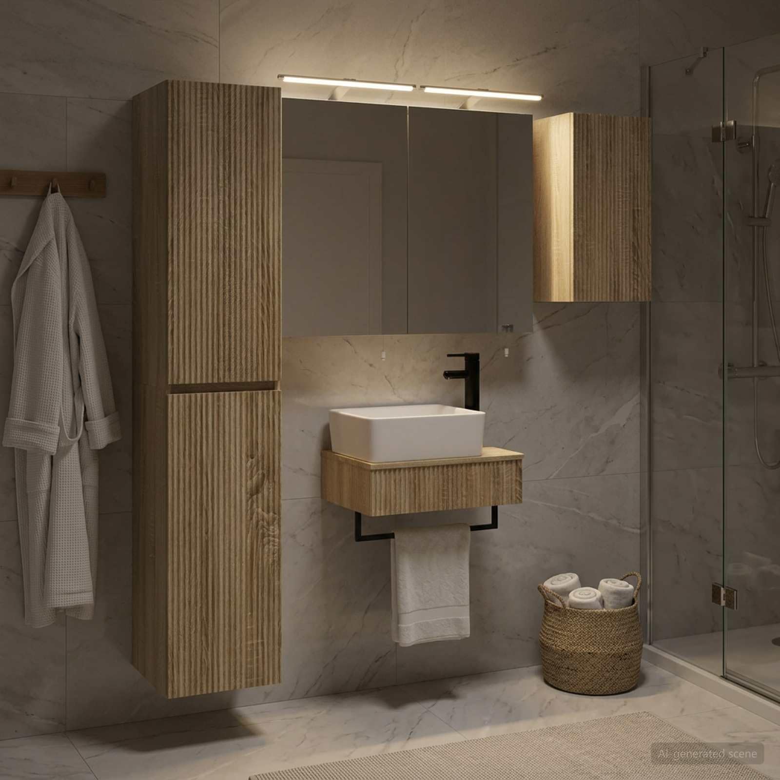 Juego de 5 muebles de baño de roble Sonoma de madera y cristal con espejo LED, montaje en pared para baño moderno, incluye espacio de almacenamiento, iluminación USB, espejo de doble cara