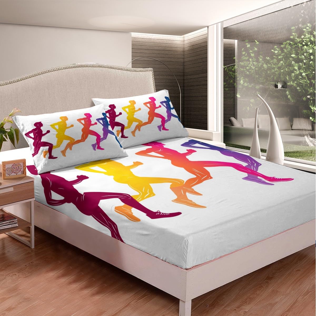 jejeloiu Running Fitted Sheet Queen Size Kids Sports Game Bedding Set for Boys Girls Teens Off White Bed Sheet Set