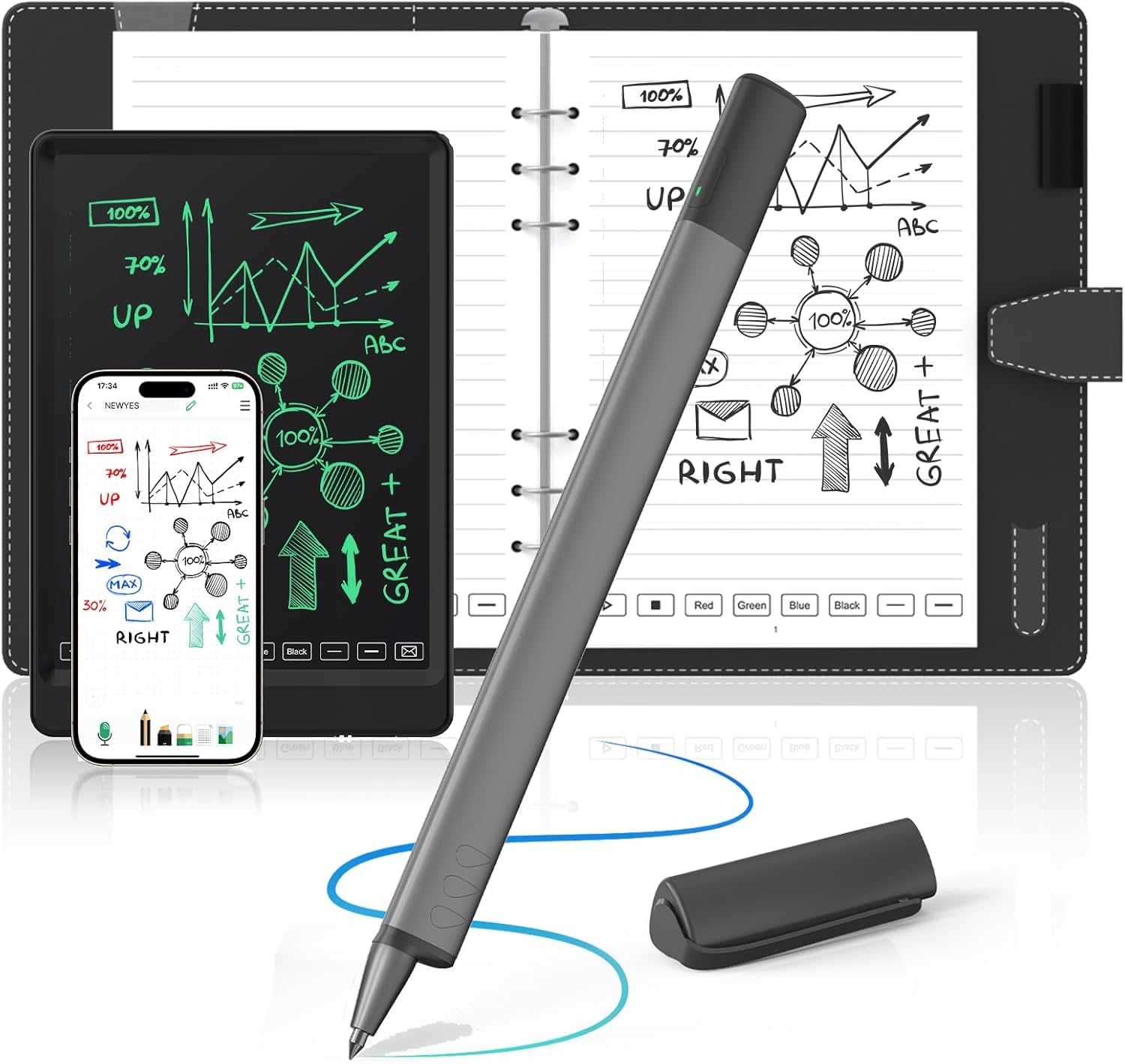 NEWYES Syncpen Set di 4 penne intelligenti con taccuino digitale (riutilizzabile) Bluetooth Wireless OCR penna digitale per studenti, progettisti, uomini d'affari, per prendere appunti, compatibile