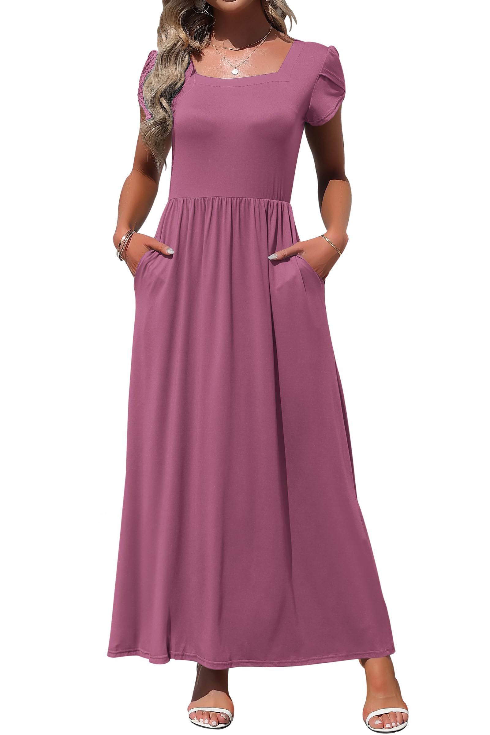 MOLERANI Women's Square Neck Maxi Dresses Petal Short Sleeve Casual Long Dress with Pokets