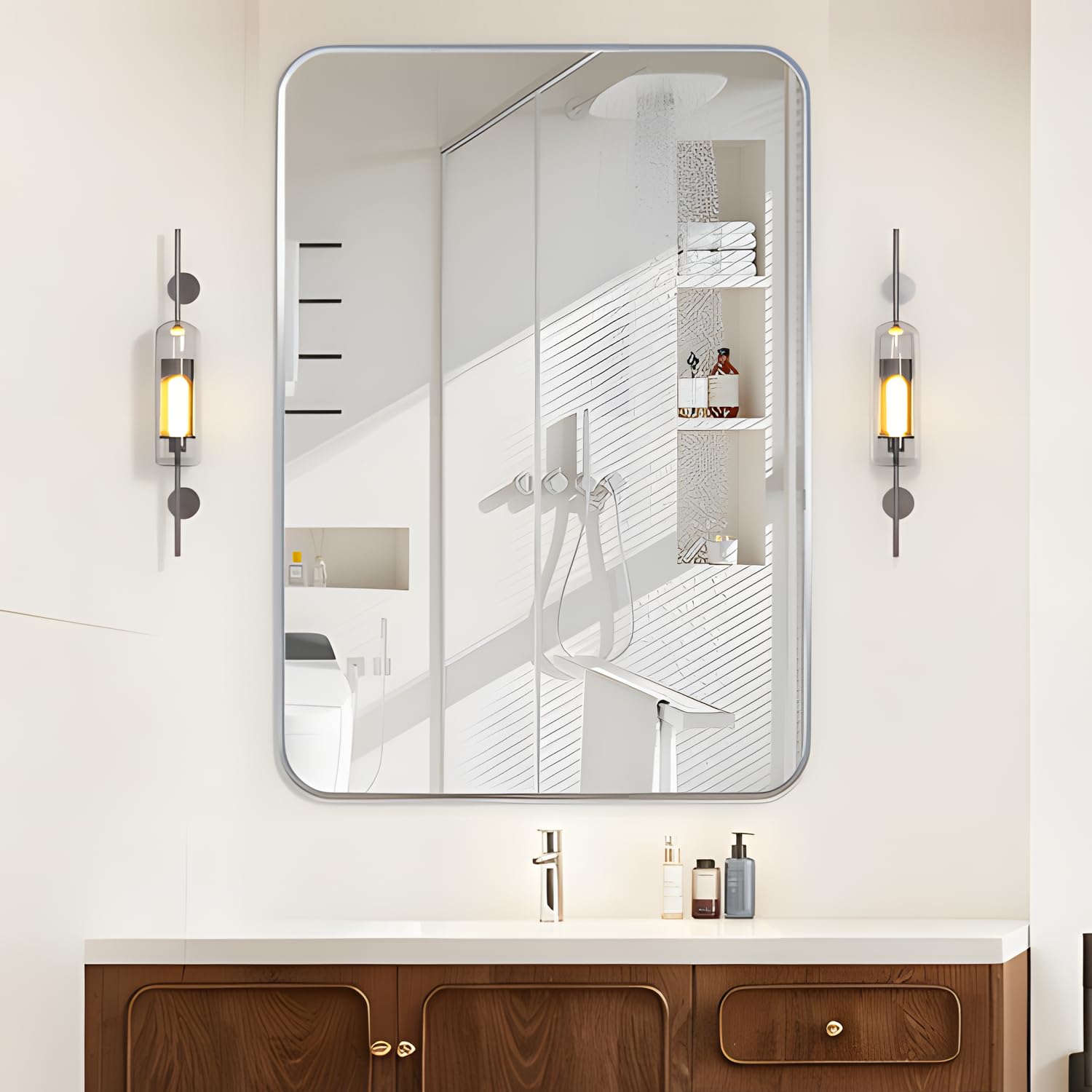 Manocorro Wall Mirror Bathroom Mirror 29x40 Inch Silver Rectangular Mirror with Aluminum Alloy Frame Rounded Corner Hanging Mirror
