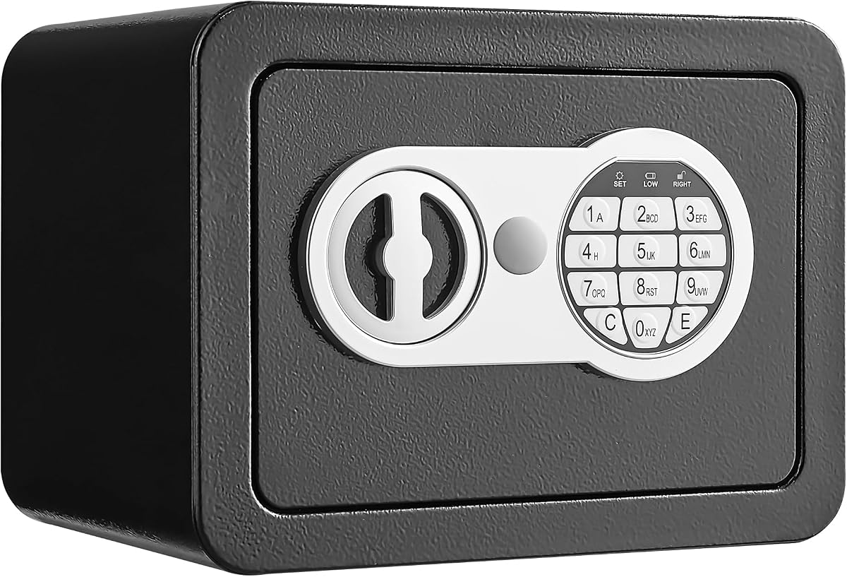 Marcree 0.23 Cubic Feet Small Safe Box with Electronic Keypad for Kid | Digital Steel Security Lock Box with Key, Mini Home Safes for Money Jewelry Cash, LED Light, Black, 6.7 x 9.1 x 6.7 Inches