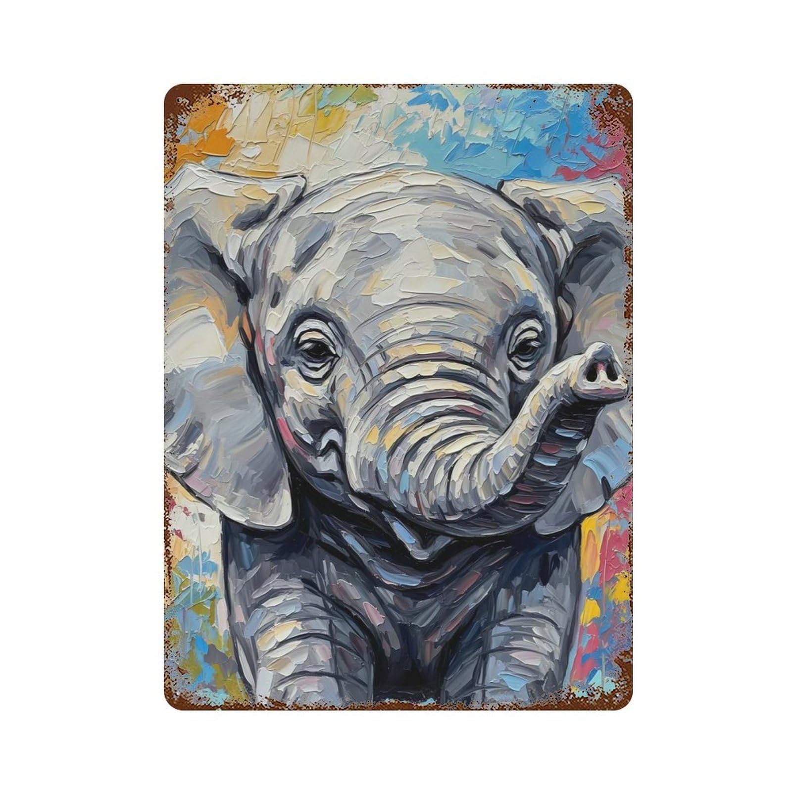 Garage Style Colorful Elephant Painting Rusty Metal Tin Sign 15.7"x11.8", Industrial Home Decor for Bar And Workshop