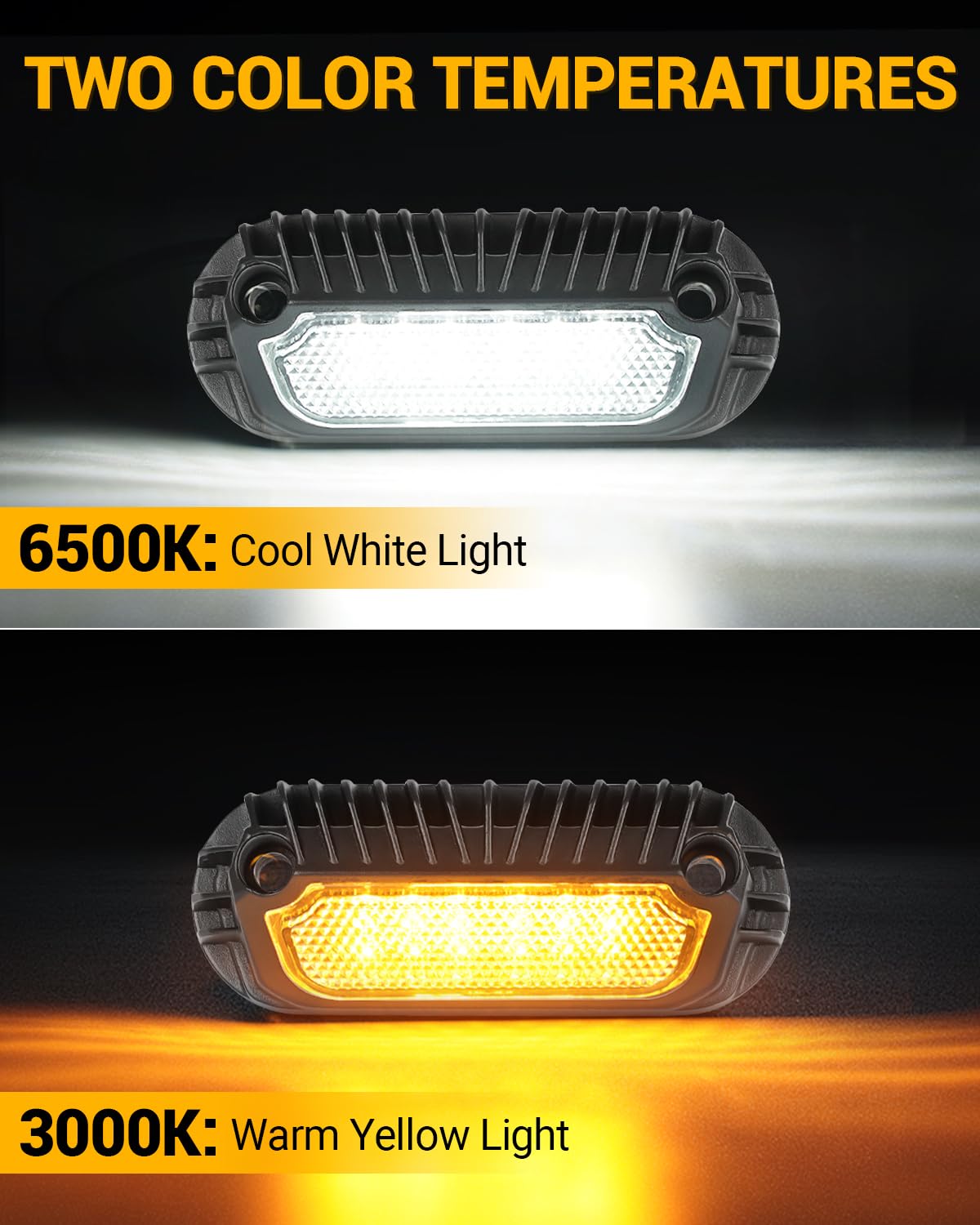 Eclairage Exterieur Camping Car Lampe LED Camping Car 12V Lampe pour Auvent Caravane Lumière 6500K Blanc et 3000K Jaune 800LM IP68 pour RV Van Bateau Camion 2 Pièces