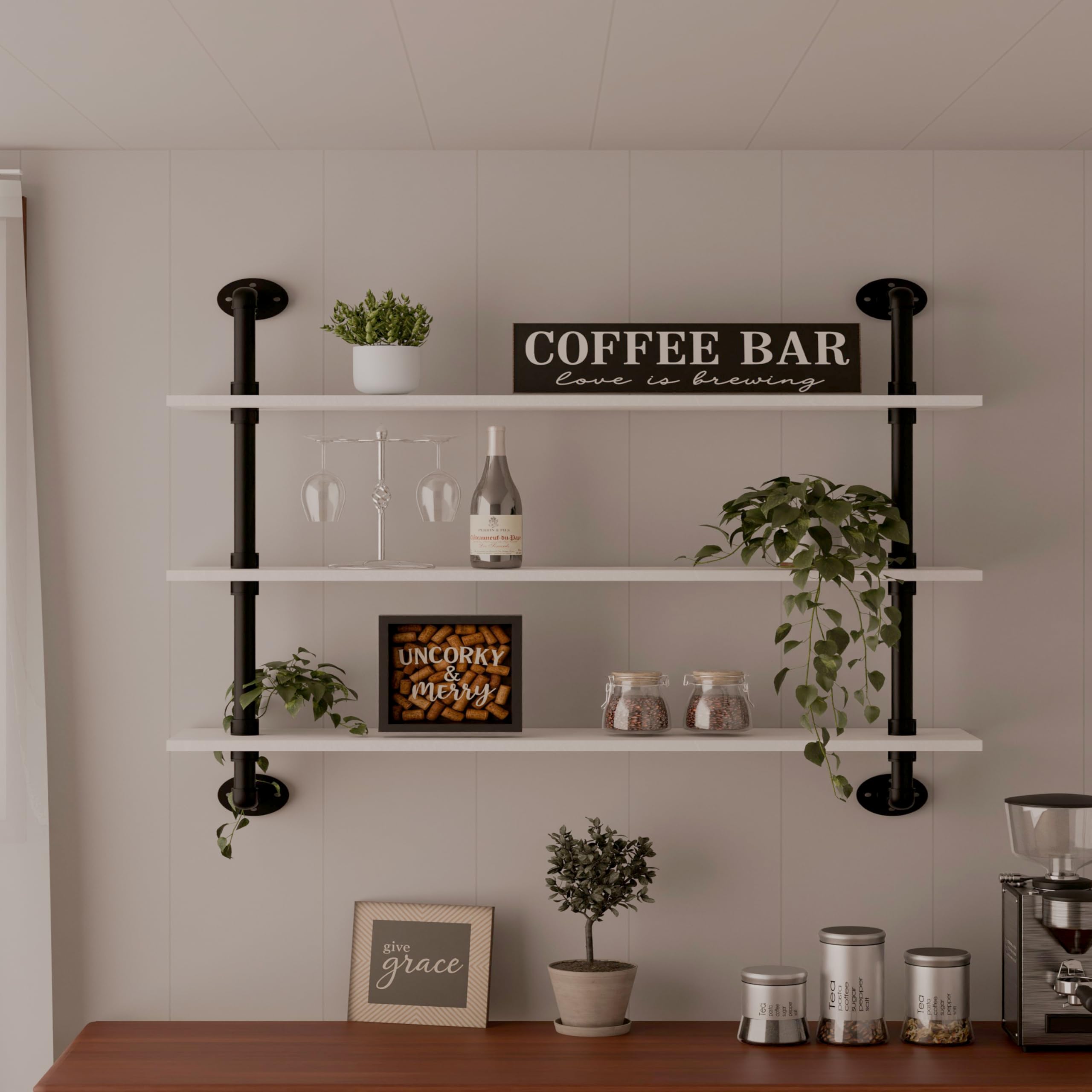 HDDFER Floating Bookshel Industrial Pipe Shelving Pipe Shelves Rustic White Wall Shelves 36 Inch Farmhouse Book Shelves for Kitchen Bar,Bathroom Wall
