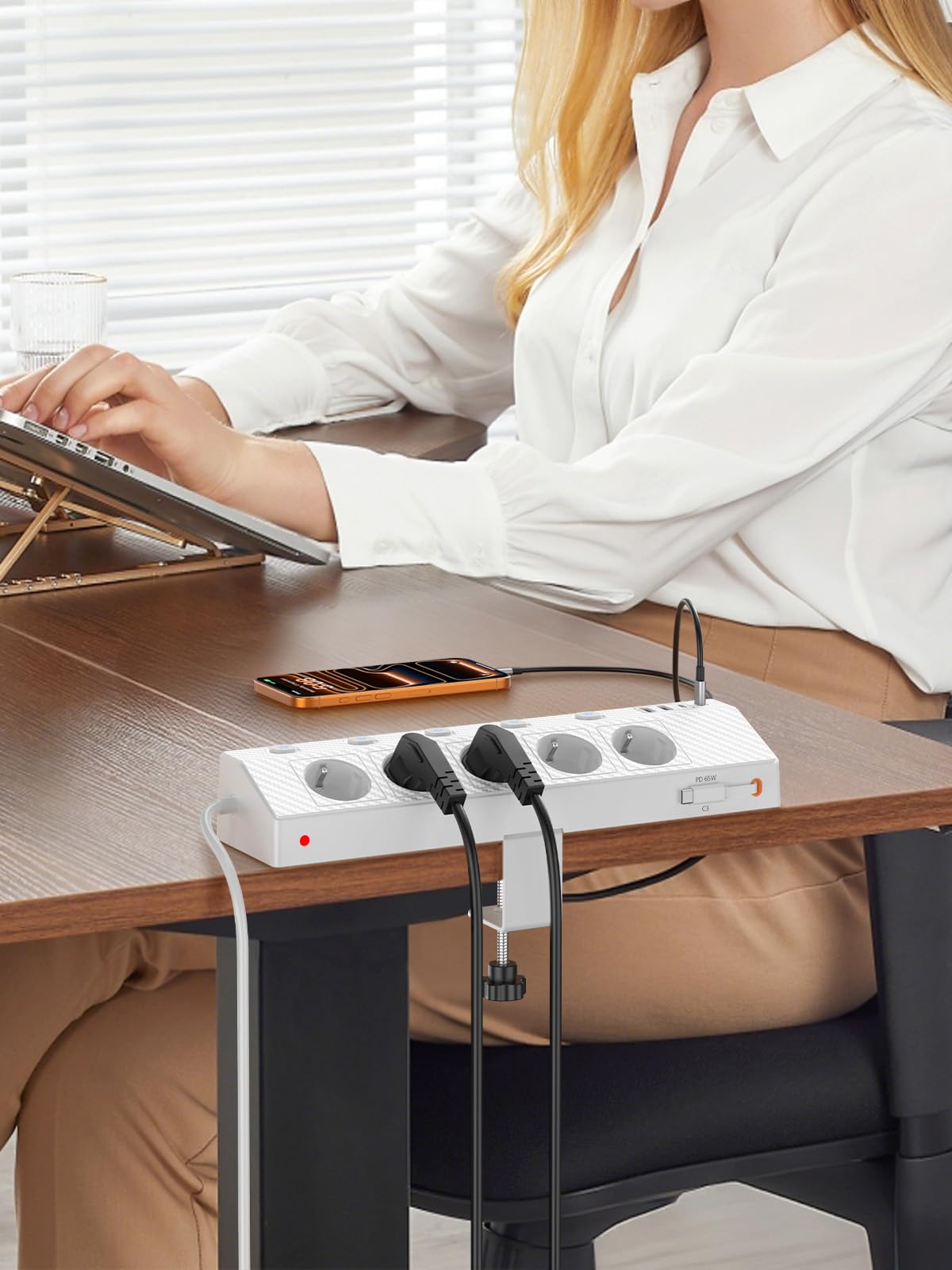 PASSUS - Ciabatta elettrica da tavolo con 2 USB (PD 65 W), 5 prese multiple, con scrivania e protezione da sovratensione, presa angolare 10 in 1 con spina piatta per ufficio/cucina, bianco