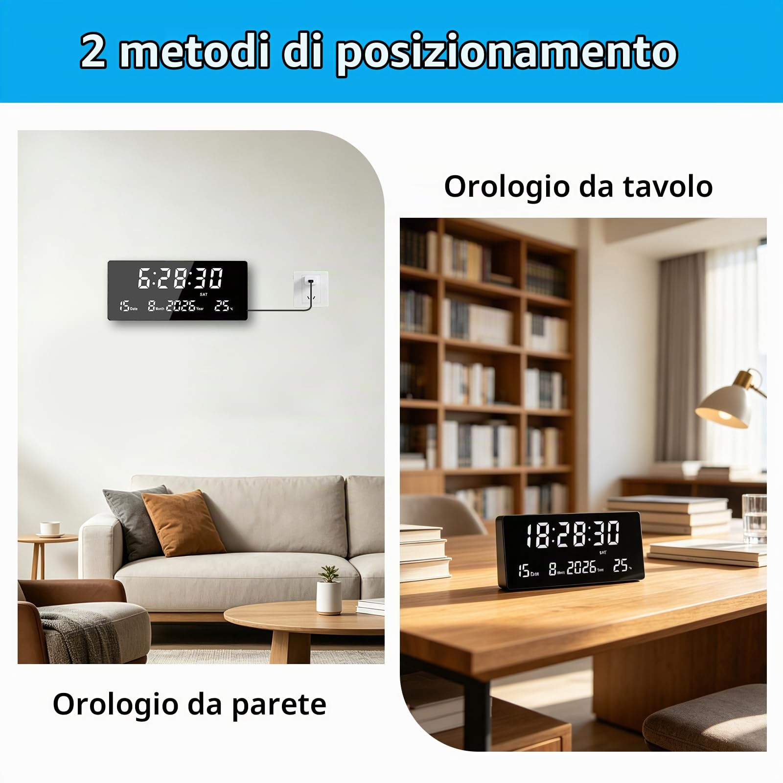 Orologio da Parete LED, 15" Grande Sveglia Digitale Telecomando | 6 Sveglie, Calendario, Temperatura, Data, Settimana, Secondi | Memoria + 3 Luminosità | Orologio da Parete e Tavolo