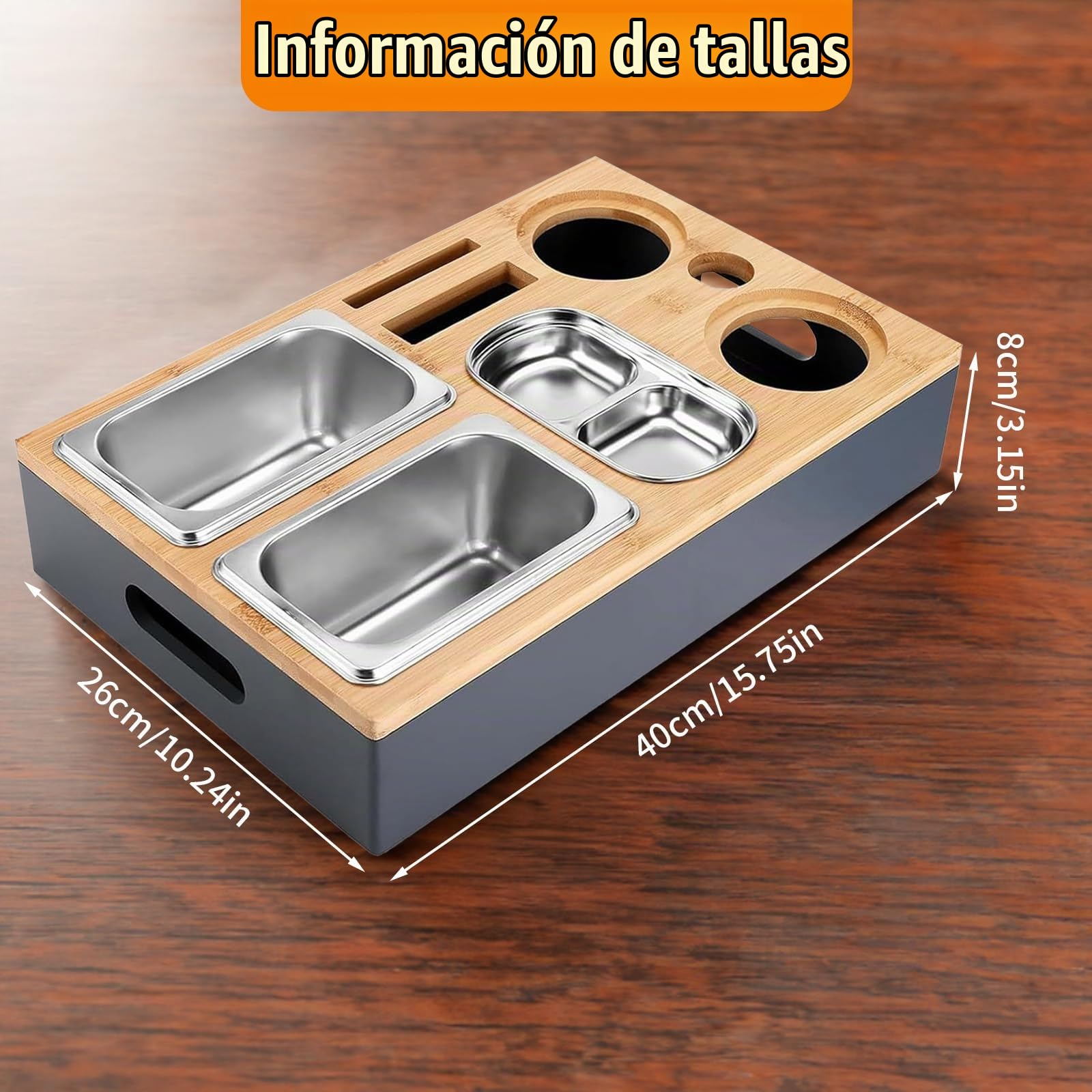 Bandeja Sofá con Cuencos Aperitivos Acero Inoxidable & Tapa Extraíble, Tazones Refrigerios Bambú con 2 Soporte Botellas, Caja Refrigerios para Sala Estar,Picnic,Fiesta,Salón,Dormitorio,Jardín,Camping
