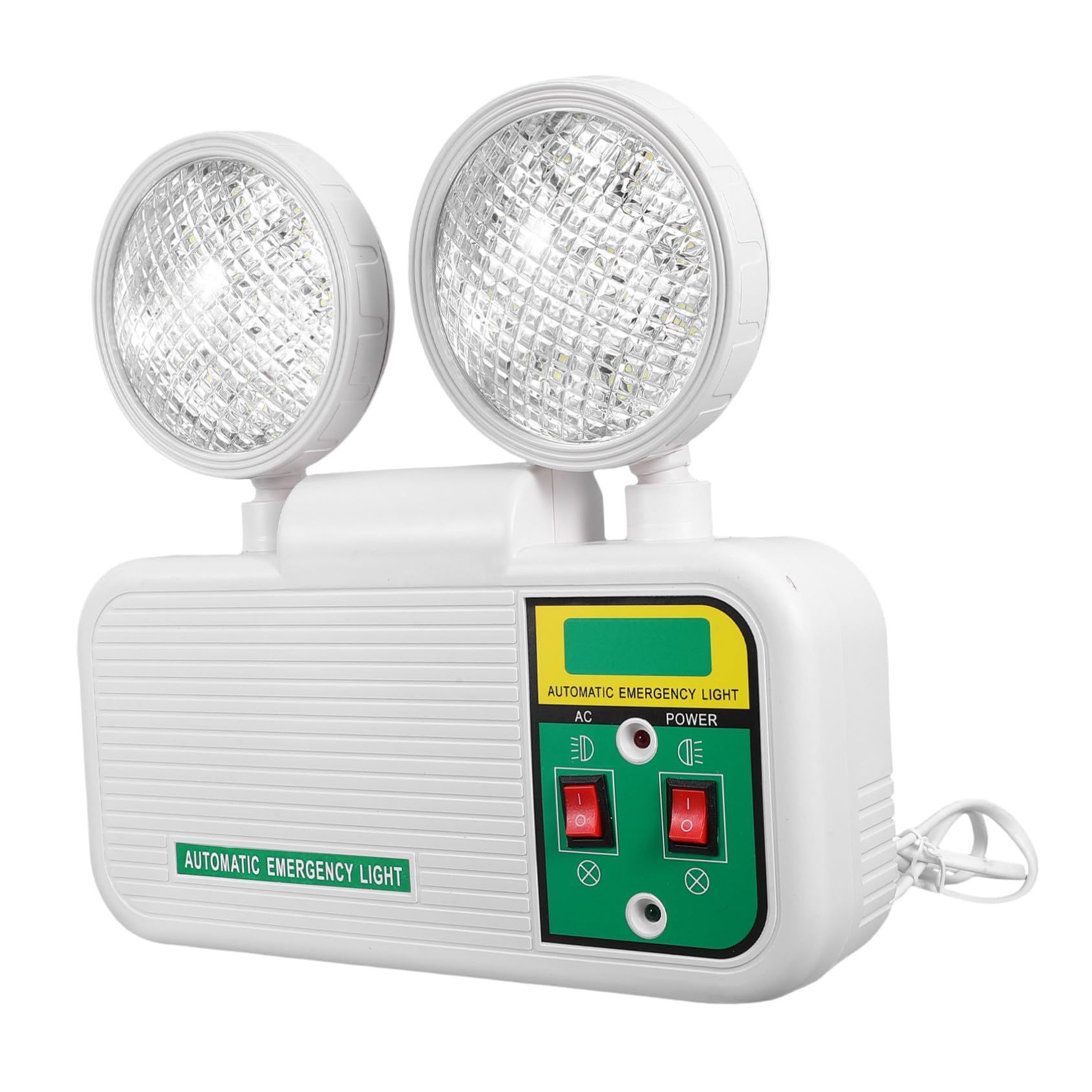 Amosfun Lampada di Emergenza Doppia Testa LED Ricaricabile da Parete | Plastica Bianca, Struttura Ritardante Fiamma, per Corridoi e Vie di Evacuazione