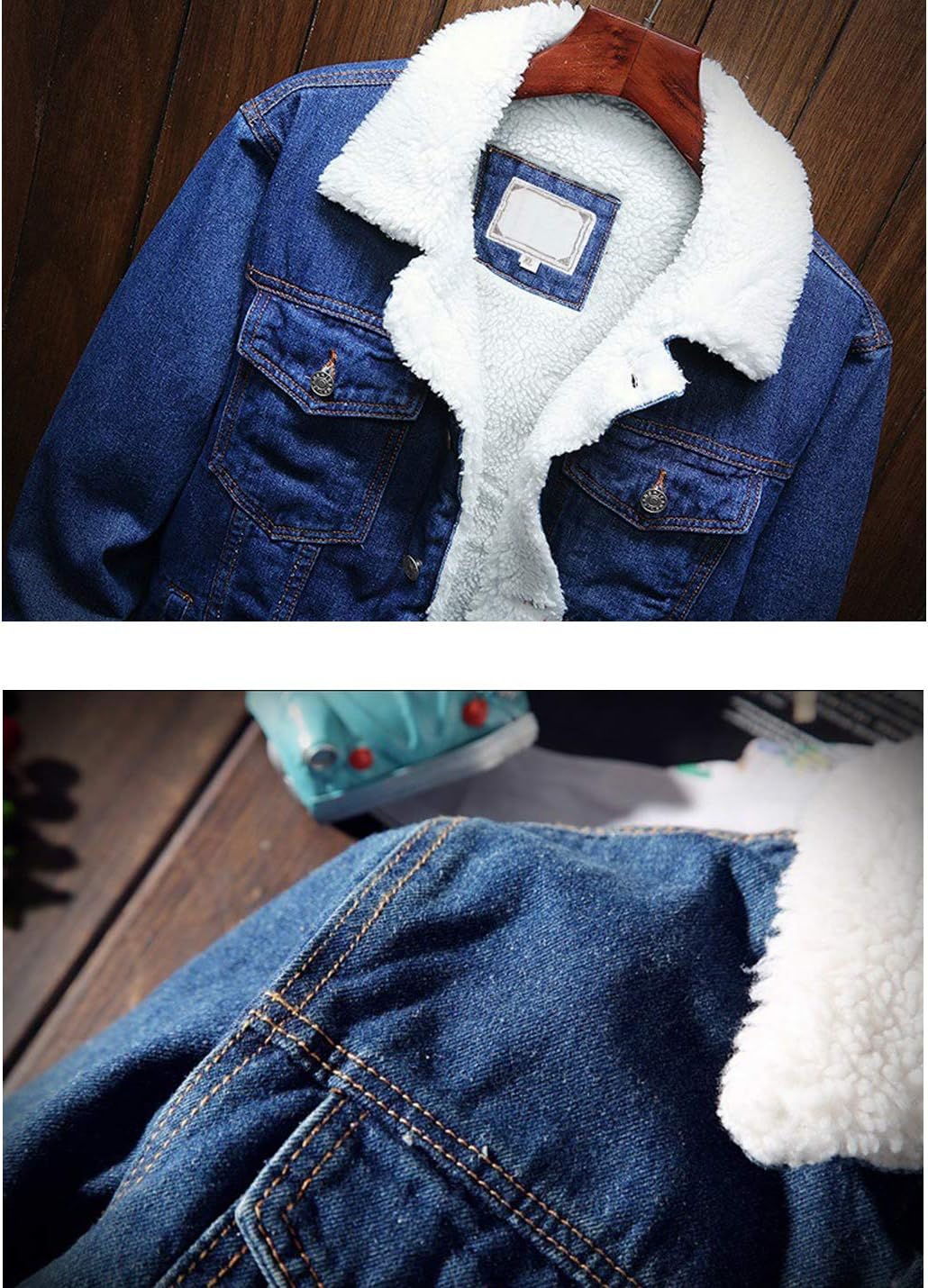 Omoone Men's Lapel Sherpa Fleece Lined Thicken Denim Jean Trucker Jacket Coats - Image 6