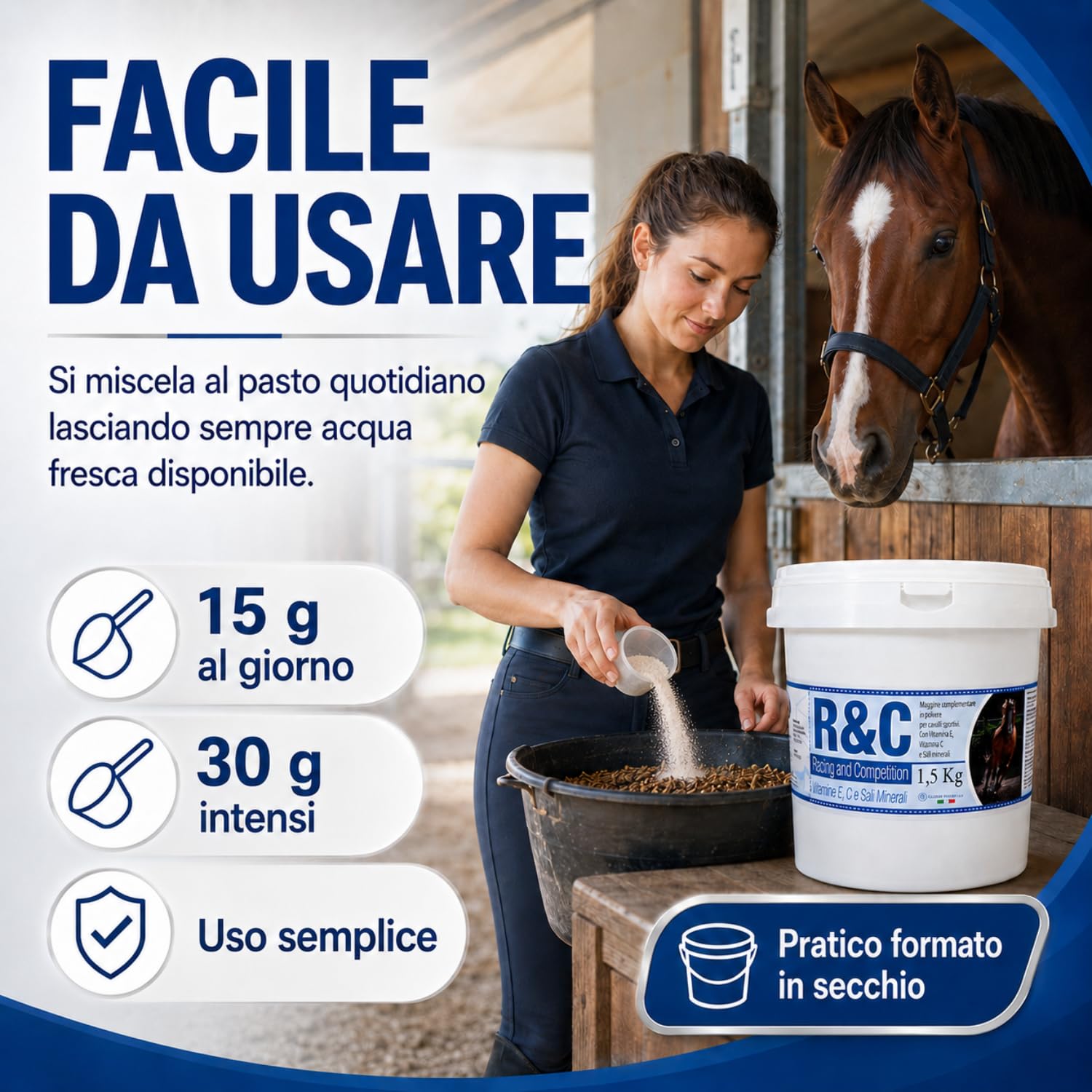 R&C Elettroliti Polvere 1,5Kg - Mangime Complementare per Cavalli Sportivi | Vitamina E, C e Sali Minerali - Ideale Pre Gara e Sforzi Intensi - 2 Prodotti in 1 per Idratazione - OLOR HEALTH
