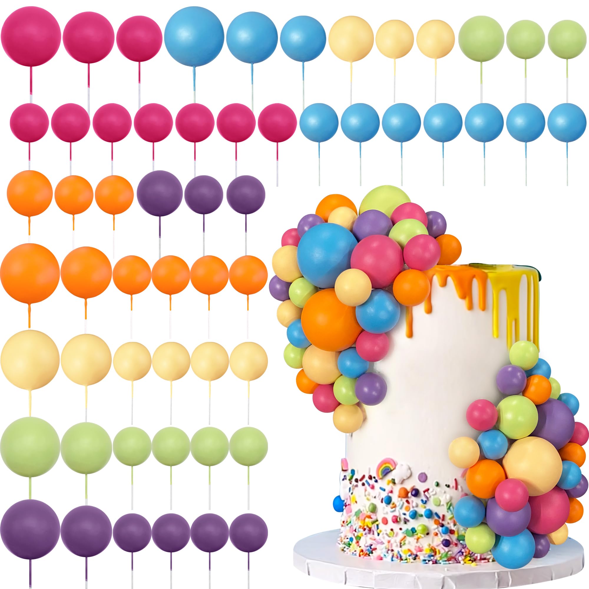 56 PCS Ball Cake Picks Colorful Ball Shaped Cake Topper Pearl Balls Cupcake Cake Insert Topper for Birthday Party Wedding Decoration Supplies Color Series Six Colors