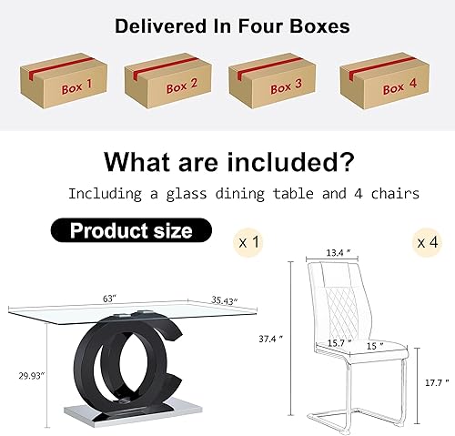 Miniatura 6 de Juego de 4 mesas de comedor de cristal de 63 pulgadas para 4,5 piezas, mesa de comedor rectangular de vidrio templado de 0.39 pulgadas con sillas de