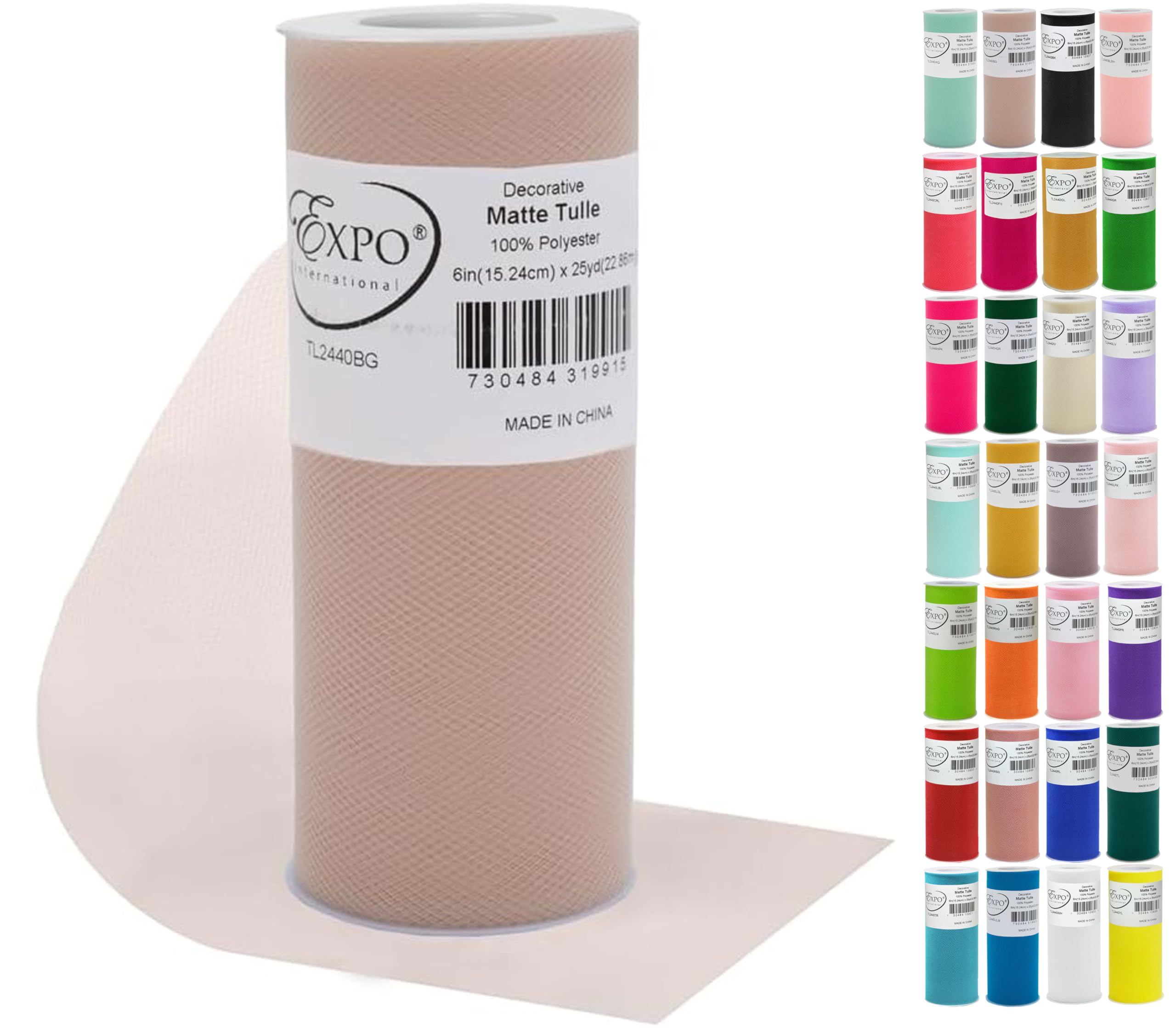 Expo International Decorative Matte 6 Inch X 25 Yards Tulle Spool, Beige