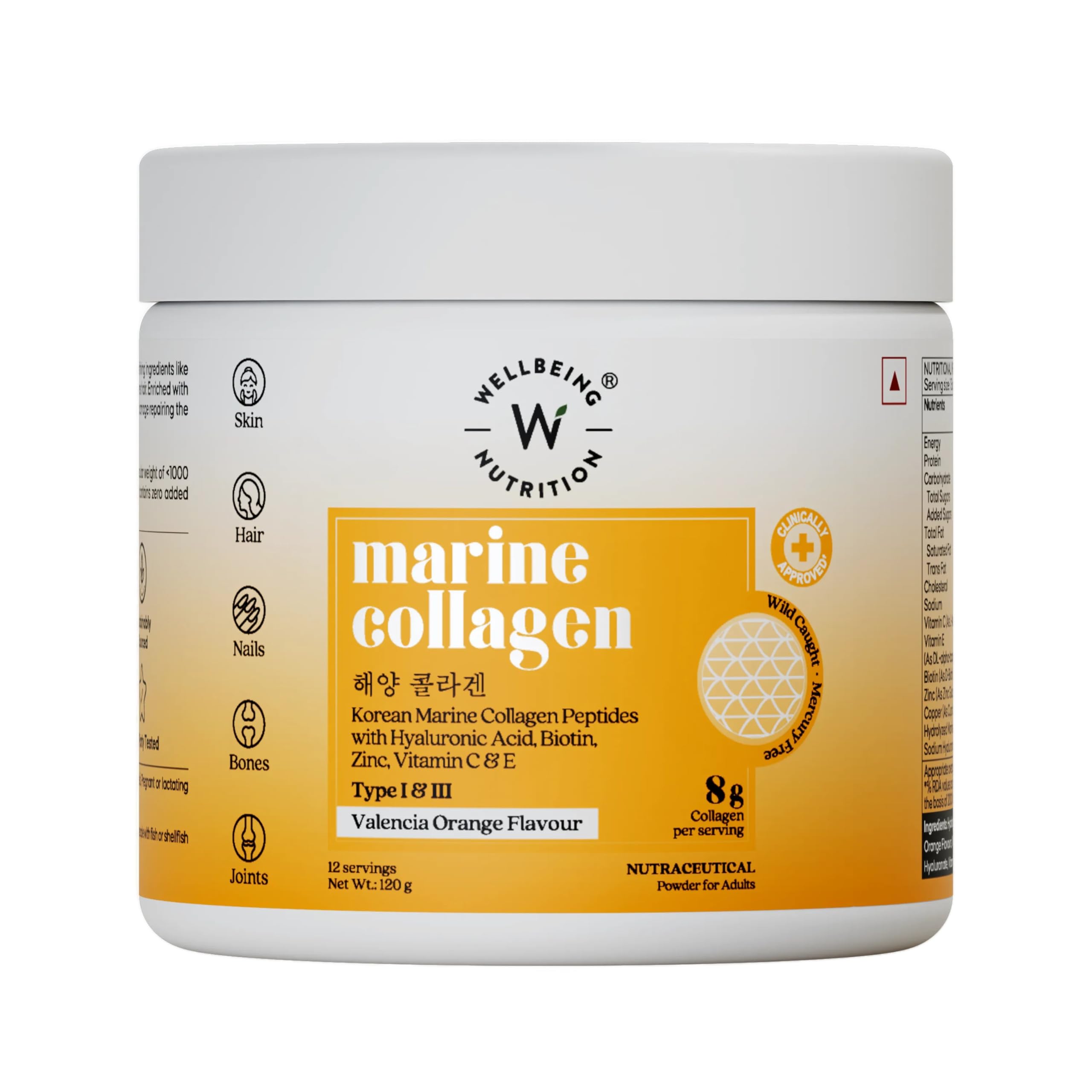 Wellbeing Nutrition Pure Korean Marine Collagen Peptides Supplement for Skin, Hair, Nails & Joints | Clinically Proven | High Absorption 8 gms Collagen, Valencia Orange, 120 gms