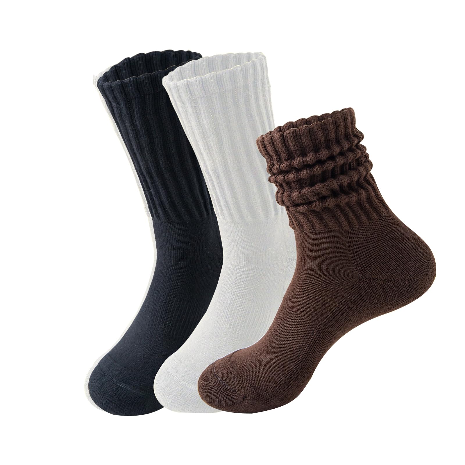 LGE Women's Slouch Crew Socksathletic socks Cotton 3 pairs retro mid tube solid color stacked tube socks casual boat socks sizes 5-11 Black/white/coffee
