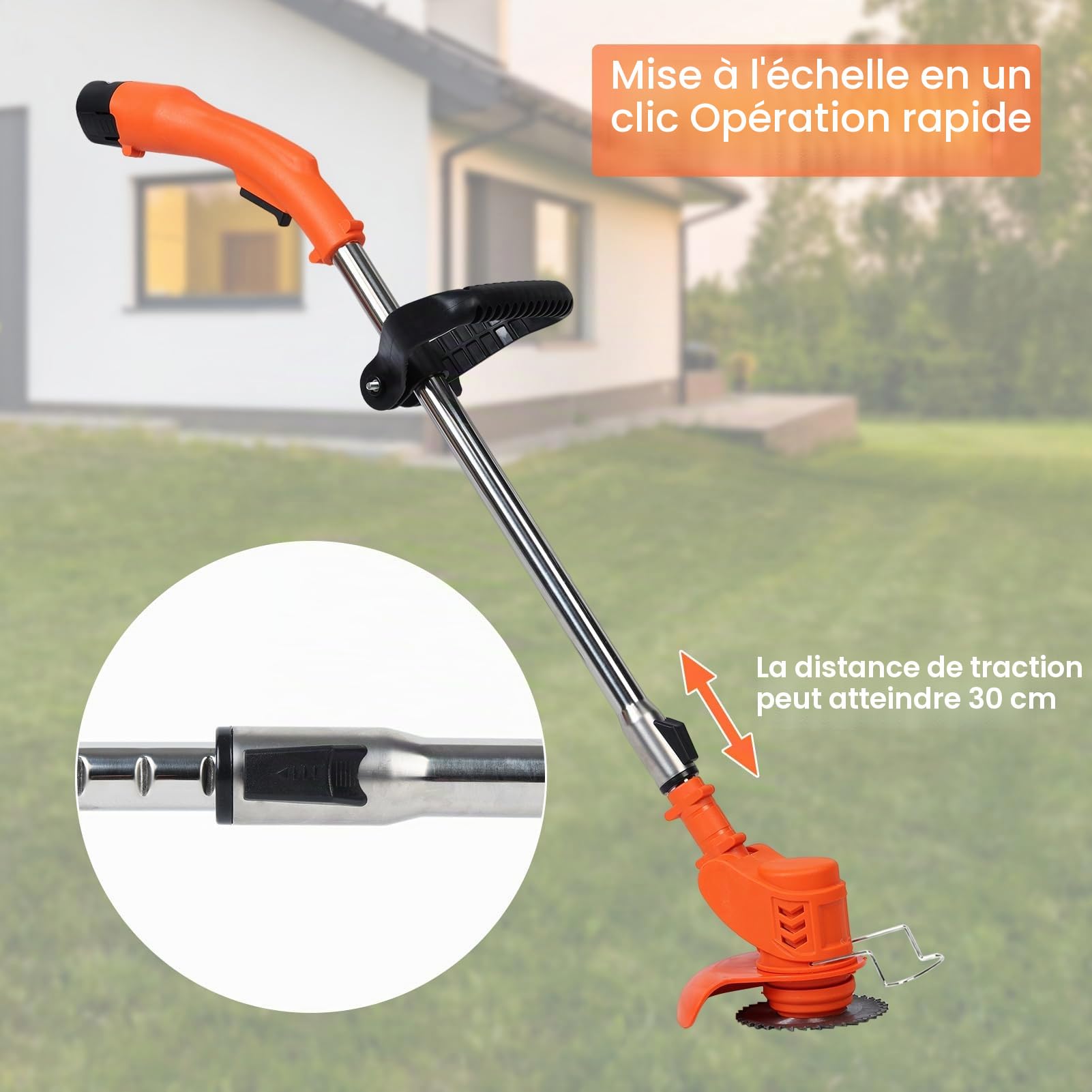 Débroussailleuse de jardin télescopique, sans fil rechargeable (12 V 2,0 Ah x 2), chargeur inclus, électrique extérieur (orange)