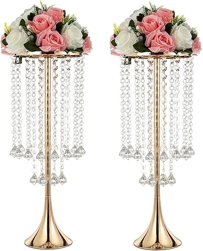 2 piezas de centro de mesa de 21.88 pulgadas, jarrón alto de metal de cristal, jarrón dorado para mesa, decoración de centros de mesa de boda,