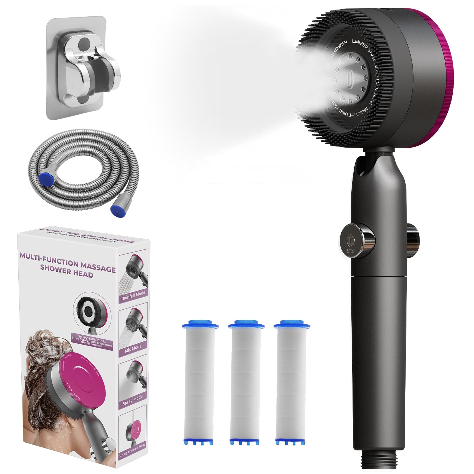 Pommeau de Douche Haute Pression Anti Calcaire,Pommeau de Douche Filtrant Economie d’Eau avec Tuyau 1,5M et Support,4 Modes de Jets Poire de Douche avec Bouton Pause high pressure shower head