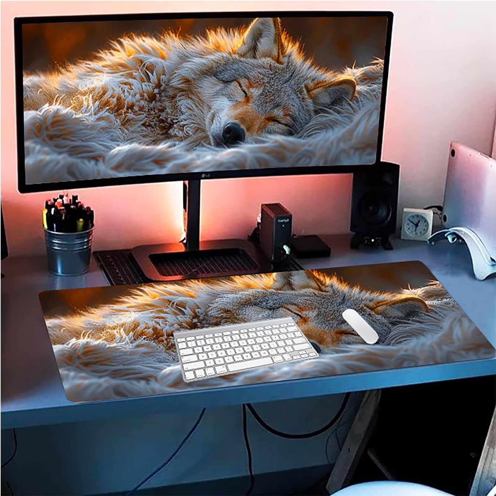 Tappetino Mouse XXL 1500 x 800 mm, Tappetino Mouse Lupo, Gaming Mousepad Migliorare la Velocità e la Precisione, Mouse Pad con Base in Gomma Antiscivolo, Ufficio Accessori Gaming, Bianco 9-7988