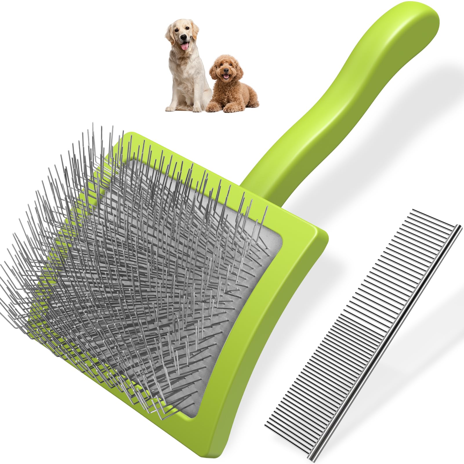 2PCS Slicker Brush for Dogs & Pet Comb,Professional Dog Grooming Brush (Goldendoodles,Poodles,Labradoodles) with Extra Long Pins to Effectively Remove Tangles, Knots and Mats (Green, Large)