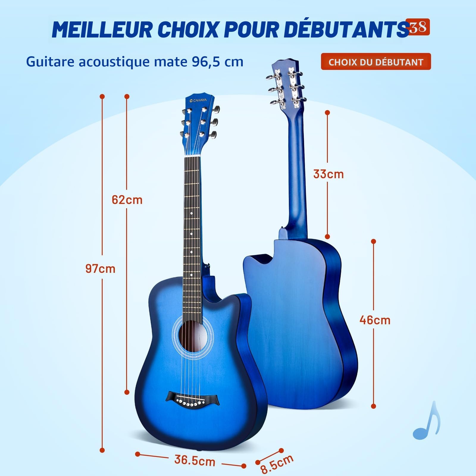 CAHAYA Guitare acoustique ：38 pouces All Wood, Pour débutant, pour enfants adolescents et adultes avec sac de guitare, cordes en laiton, capodastre, médiator, autocollants d'échelle et tissu CY0354