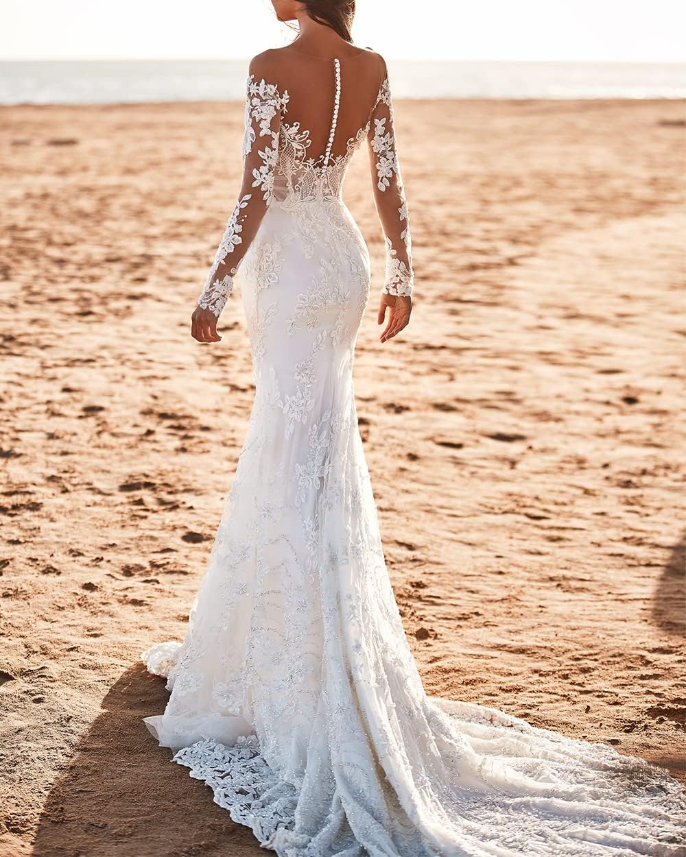 Manica Lunga Sirena Abito da Sposa Ufficio Civile Abiti da Sposa Tulle Abiti da Sposa con Treno, SEVENYXX, Bianco, 36