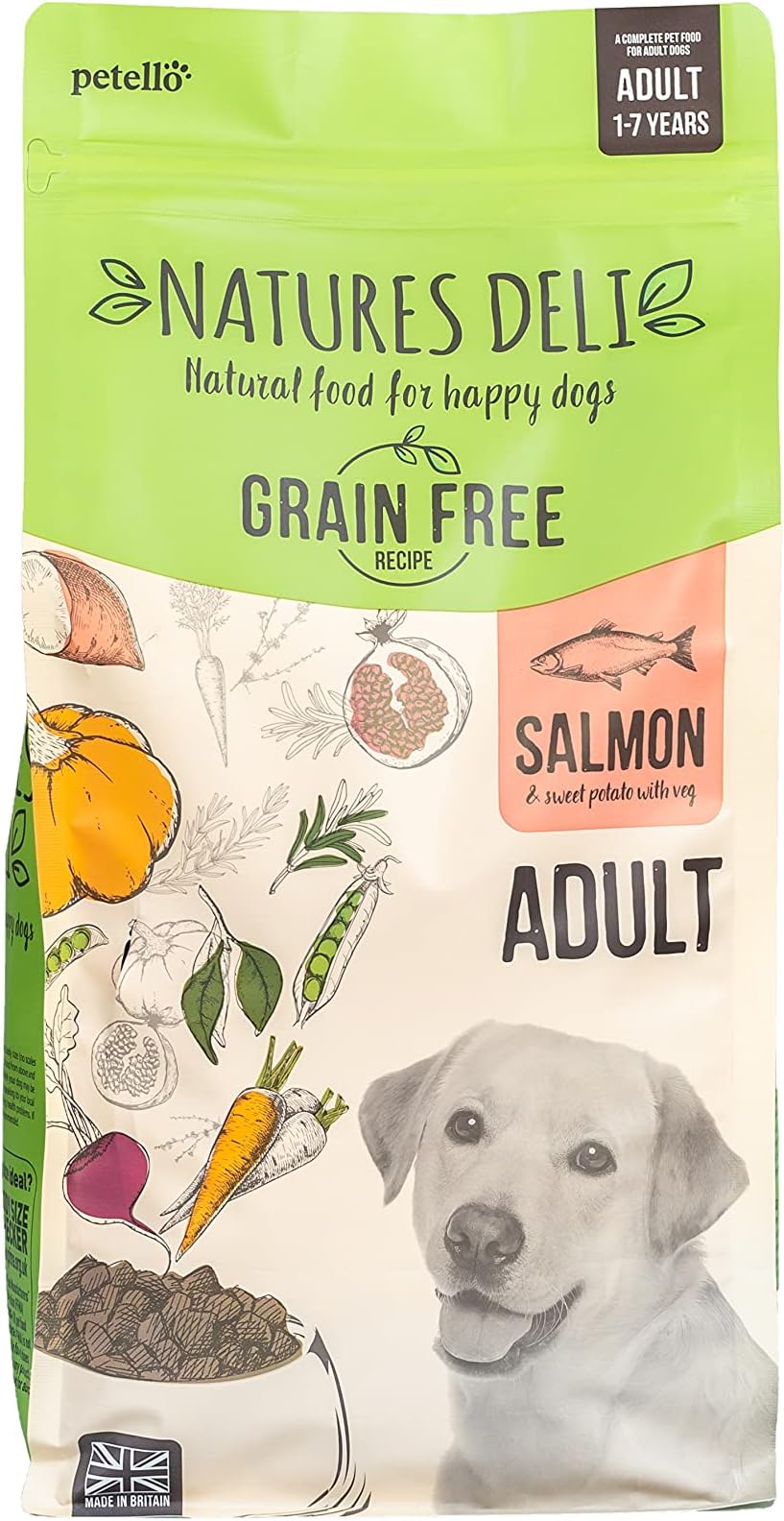 Natures Deli Dry Dog Food for Adult Dogs, Grain Free Natural Complete Hypoallergenic Food for Dogs, Suitable for All Breeds, Salmon and Sweet Potato - 2 kg