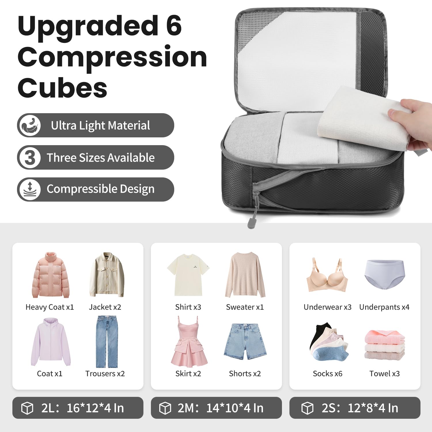 Versatile 6-Set Cubos de embalaje huecos con compresión, Diseño de malla transparente, Ahorran espacio y son ligeros, Arganizador de equipaje portátil y duradero, Negro