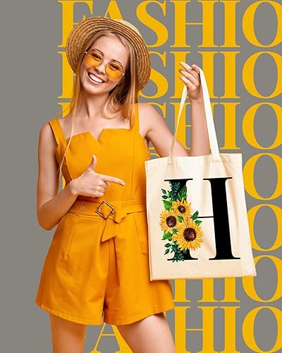 Miniatura 2 de AUSVKAI Bolsa Tote de Lona Estética para Mujeres, Lindo Girasol Trendy Personalizado Inicial Monograma Cumpleaños Bolsas de Algodón Reutilizables