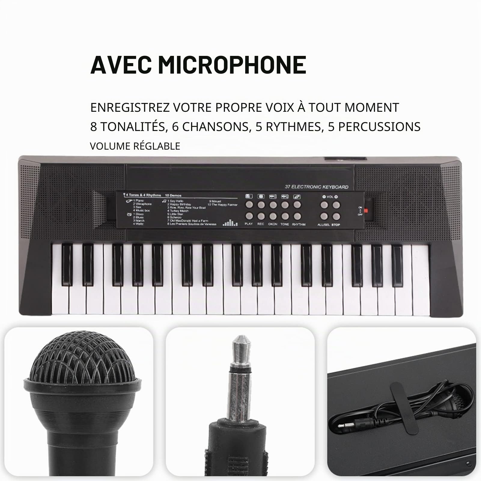 Clavier Électronique 37 Touches Piano Enfants, Microphone Enregistrement Vocal Facile, 8 Sons 6 Mélodies 5 Rythmes Variés, Jeu Apprentissage Musique Enfants