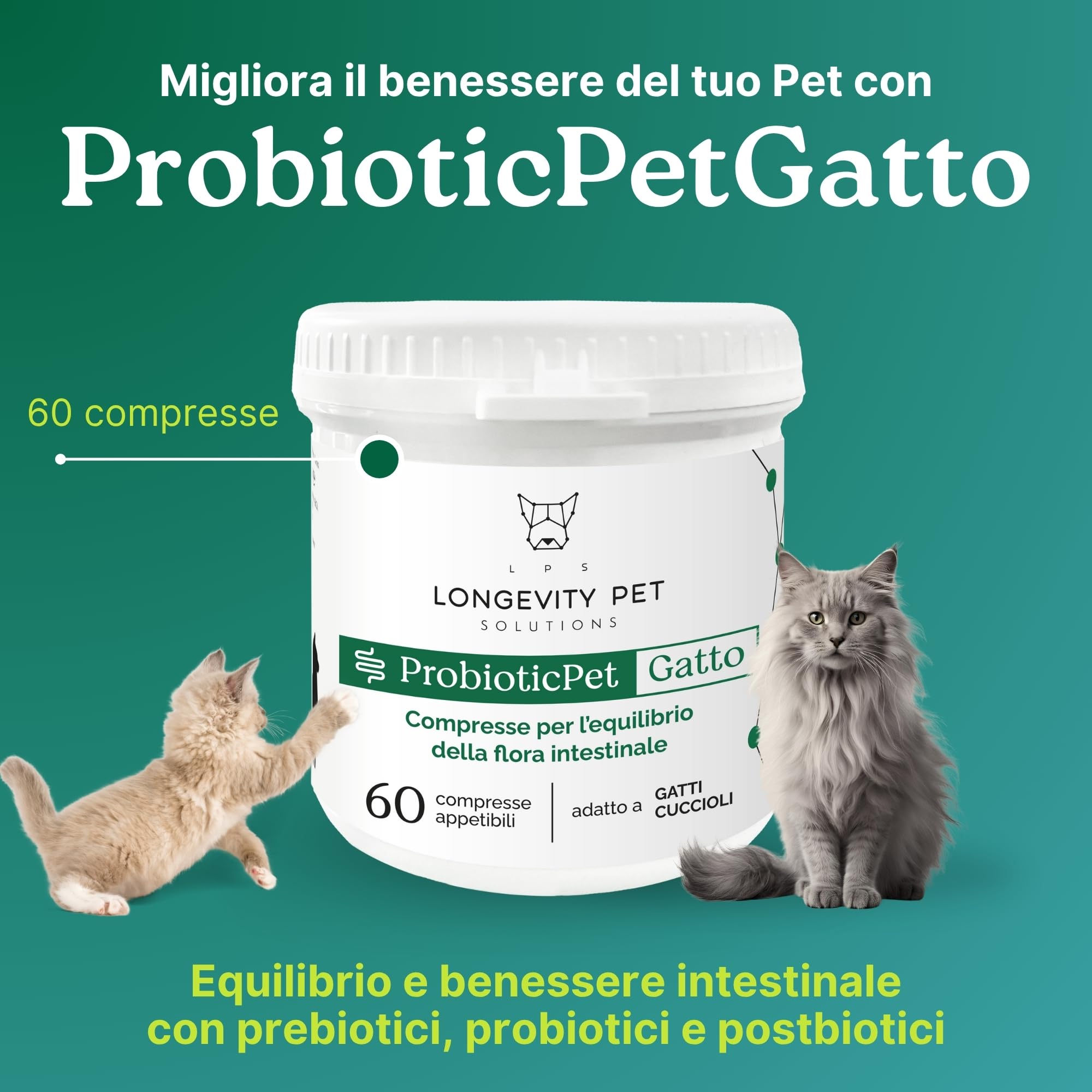 Fermentos Lácticos ProbioticPet Gato 60 CPR | Probióticos para el Equilibrio Intestinal | Suplementos para Gatos para Digestión, Heces Poco Formadas, Salud Intestinal | Longevity Pet
