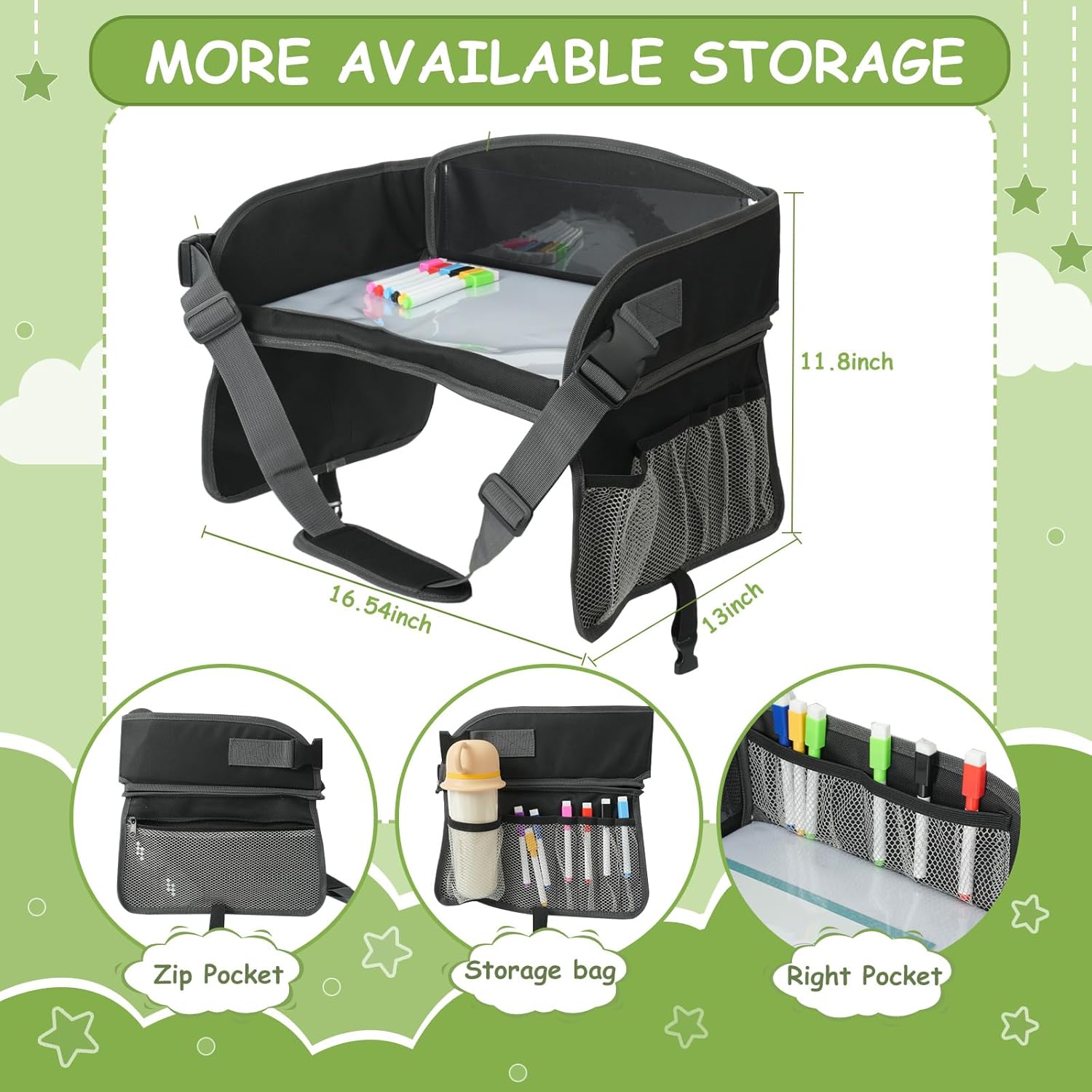 Kids Travel Tray for Car Lap Desk for Kids Ergonomic Elevated Angle Car Seat Tray with Cup Holder Storage Pockets Ideal Travel Essentials for Long Trips