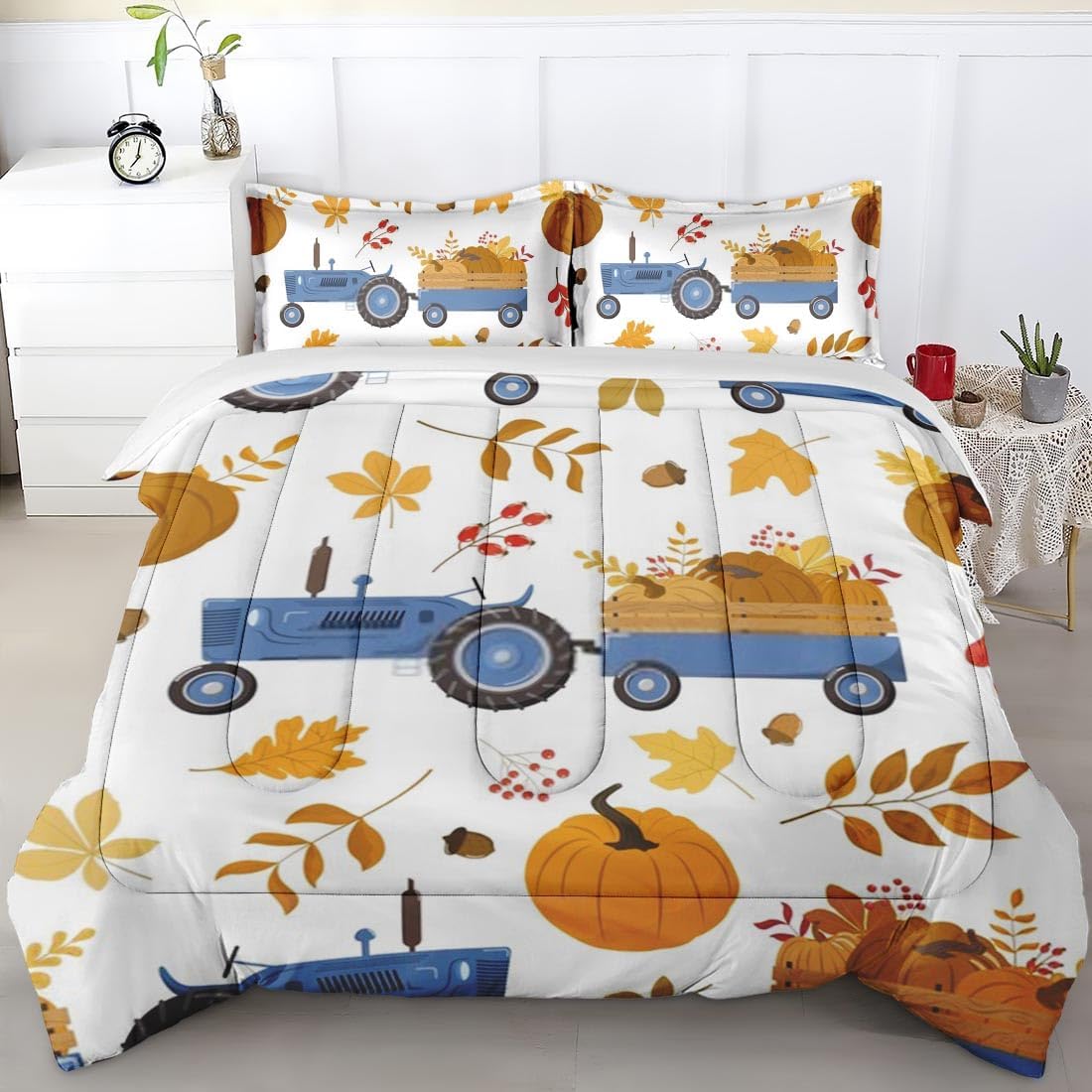 Pinbeam Comforter Set Queen Size, Fall Blue Tractor