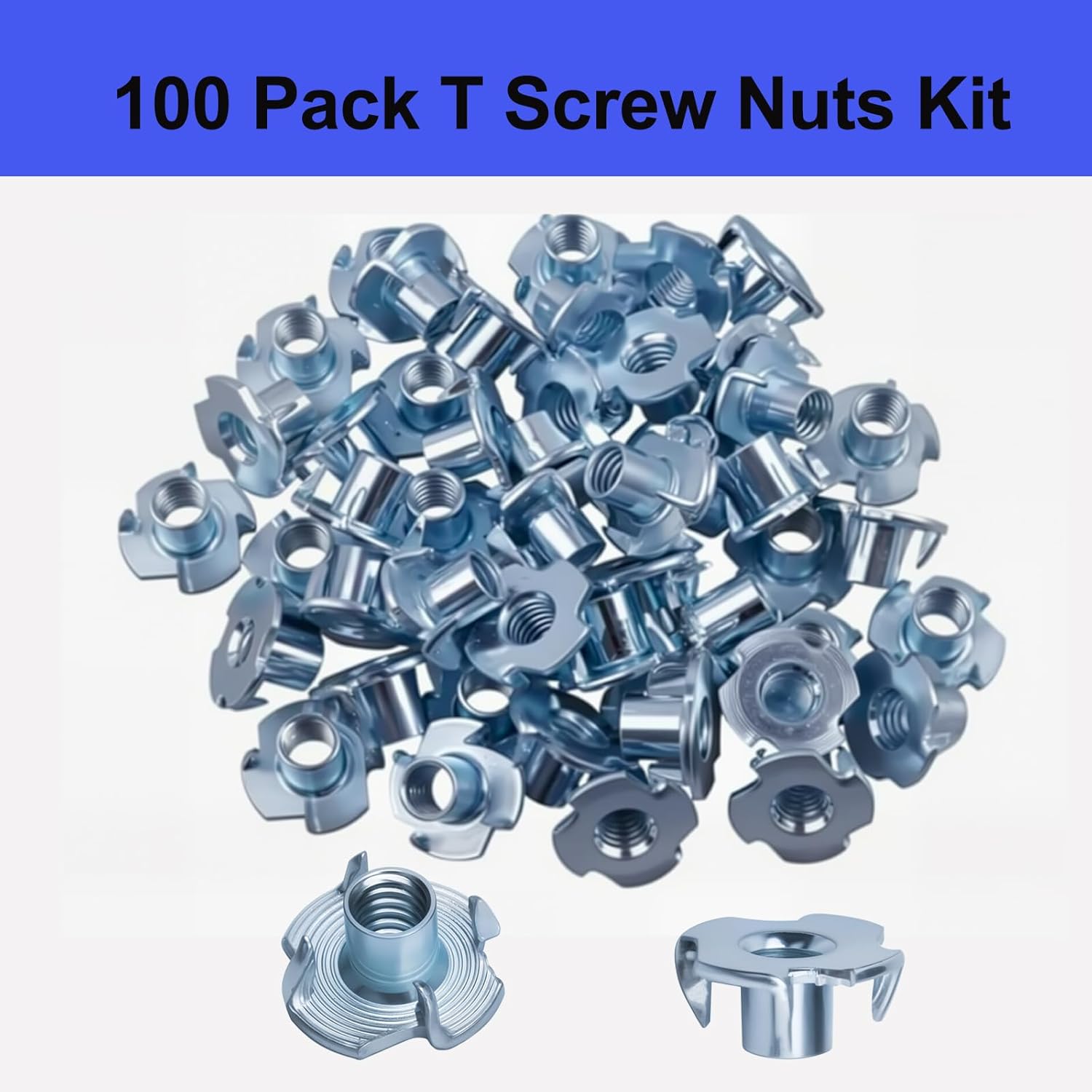 100pcs 1/4"-20 T-Nut, Zinc-Plated Steel Threaded Insert Corrosion Resistant,5/16" Barrel Length,4-Pronged Tee Nut for Wood,Rock Climbing Holds,Home,Cabinetry, Furniture,etc.