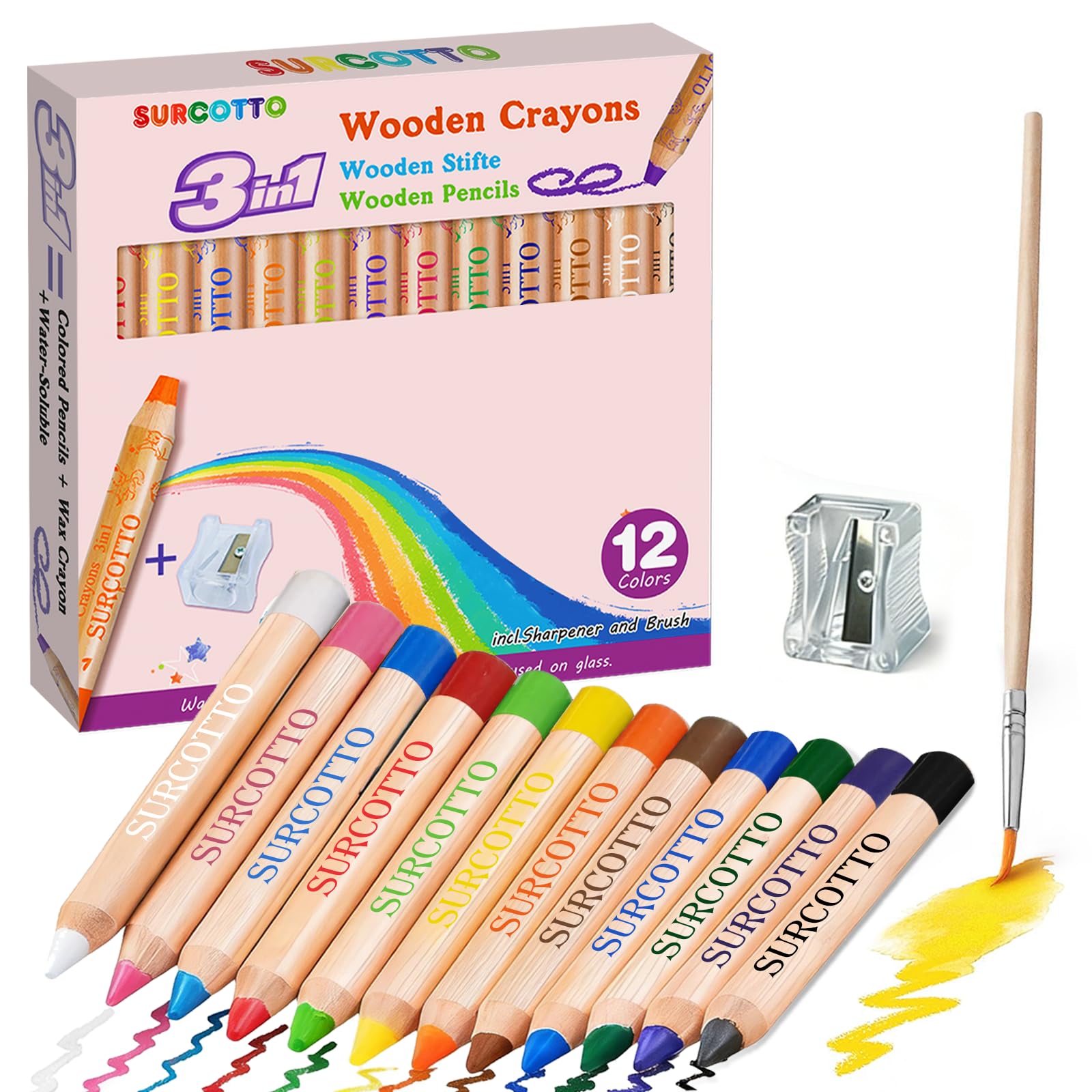 Surcotto 3 in 1 Buntstifte- Wasserlöslich - 12er Pack mit 1 Spitzer & 1 Pinsel, Dicke Holz-Wachskreiden/Aquarell-Wachsmalstifte, Malstifte Mehrfarbig