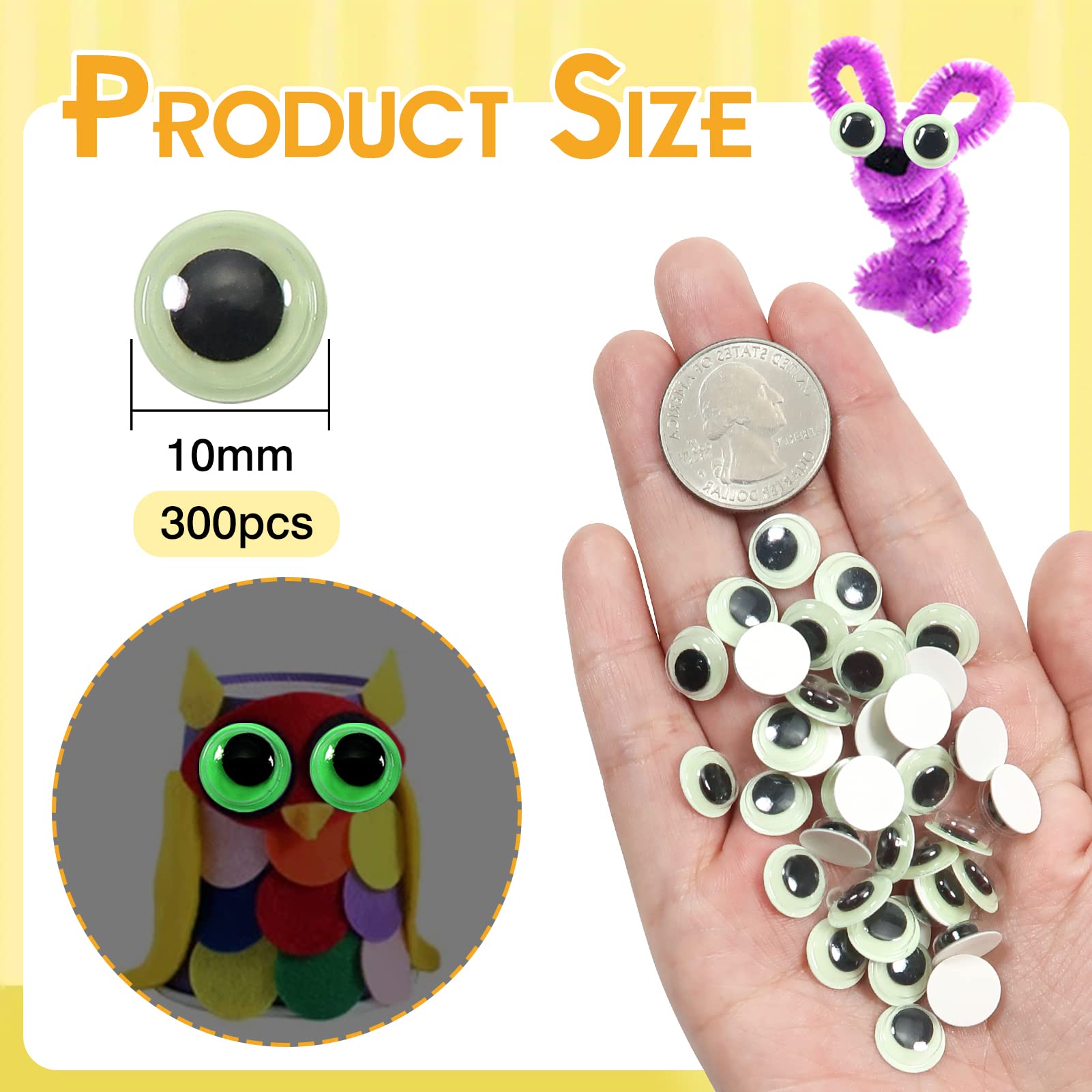 TOAOB 300pcs Glow in The Dark Wiggle Googly Eyes Self Adhesive Luminous Googly Eyes 10mm Plastic Sticker Eyes for DIY Crafts Scrapbooking Decoration