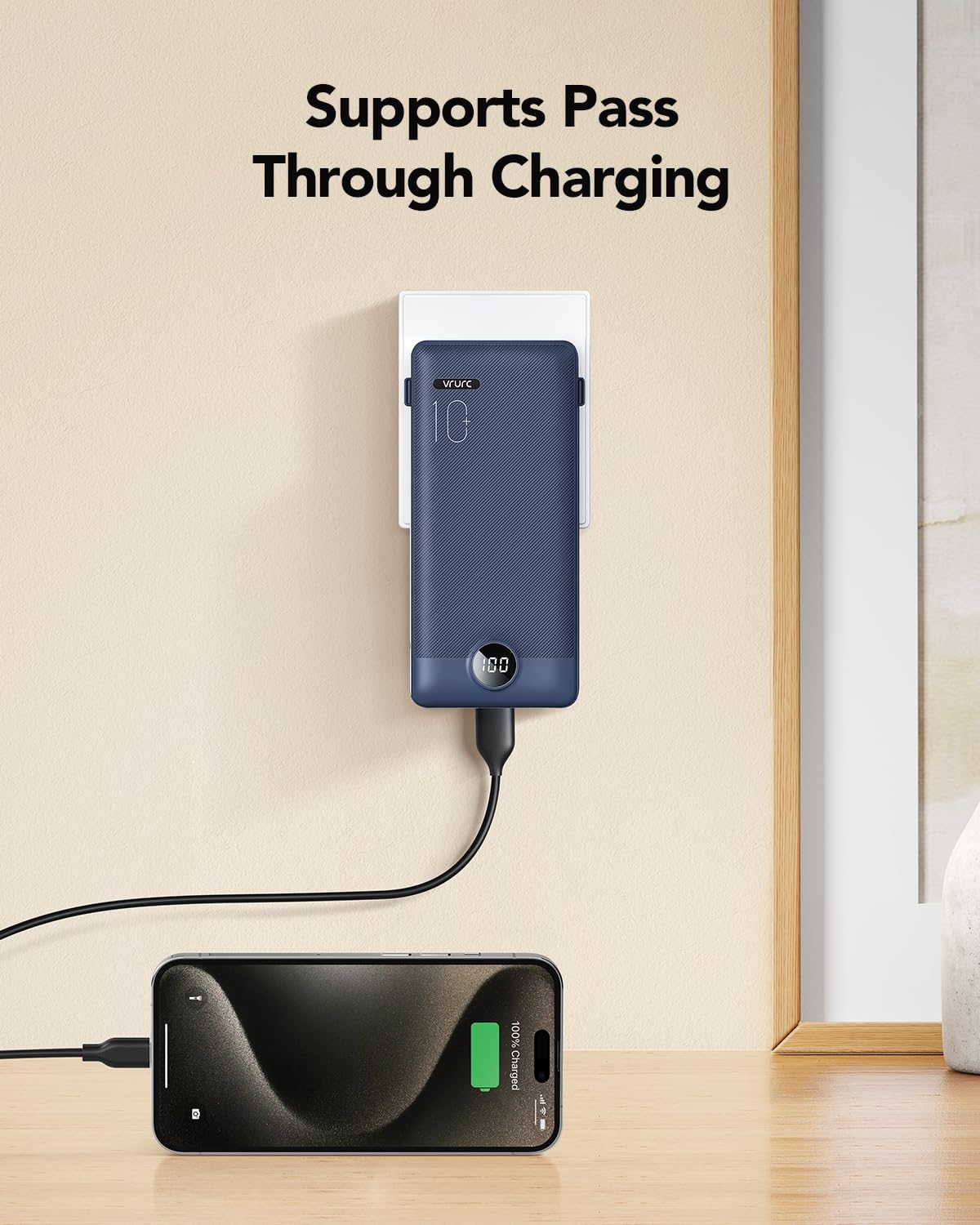 VRURC Portable Charger Built-in Cables and AC Wall Plug, USB C Power Bank 10000mAh, Travel Battery Portable Phone Charger Compact Lightweight External Battery Pack for Smart Phones, Tablets etc-Navy view 3